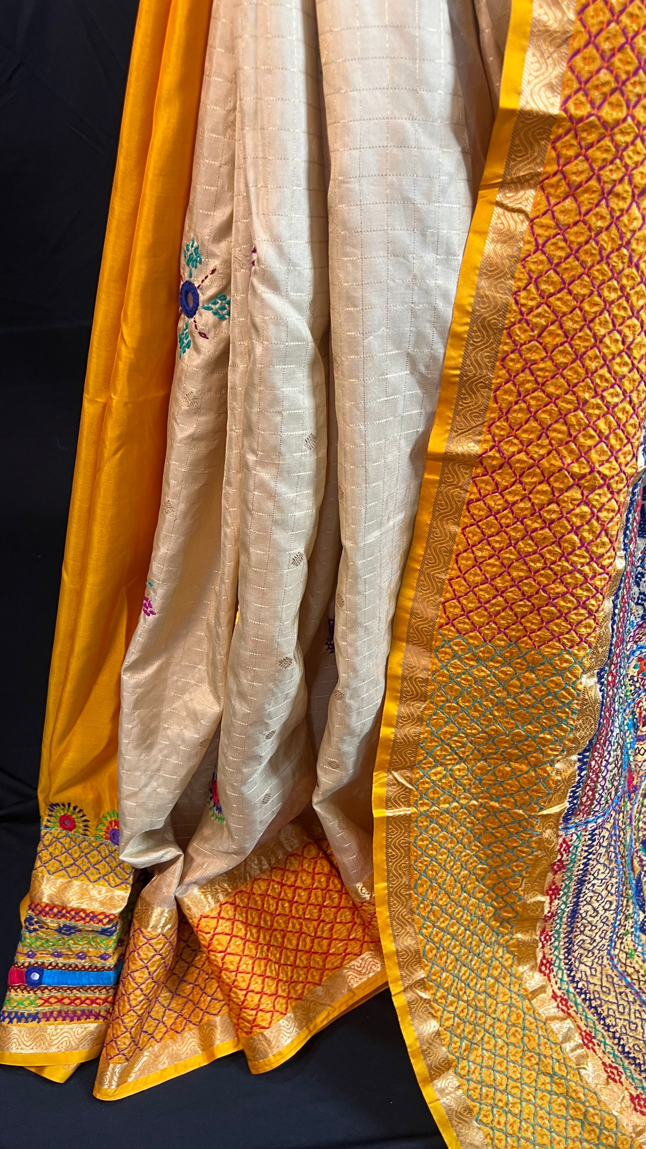 Ivory Cream & Mustard Gold with Multicolor Embroidered Pallu Molakalmuru Silk Lambani Saree