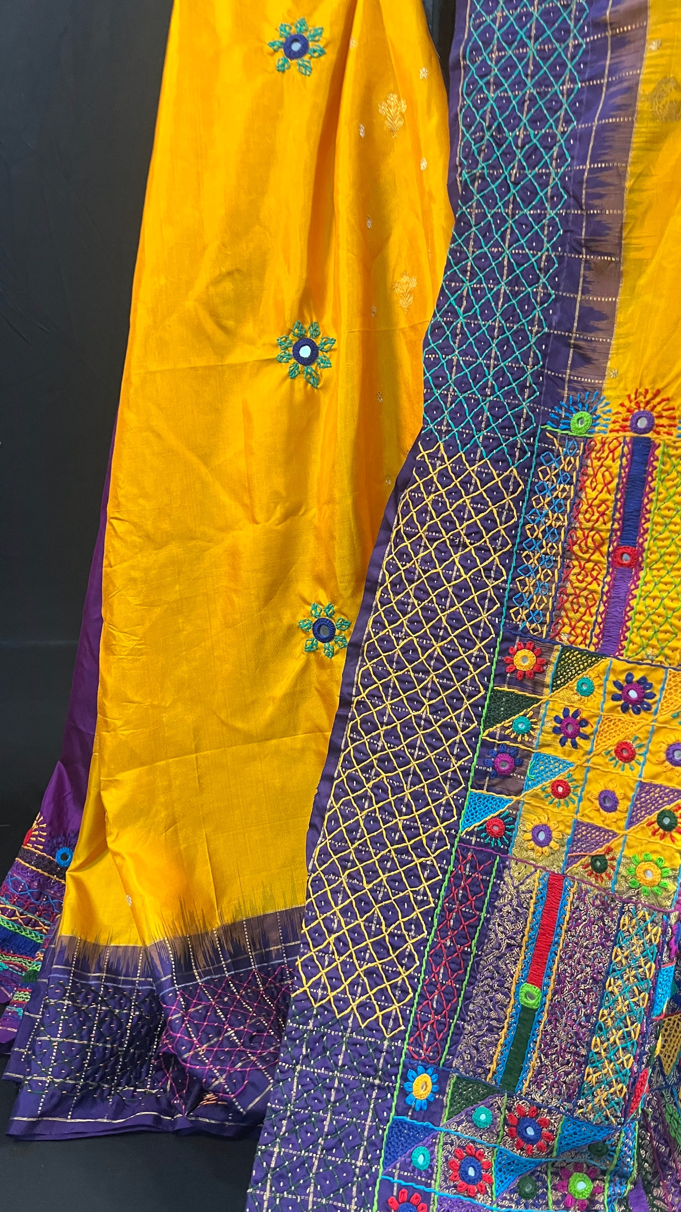 Mustard Yellow & Royal Purple Heavy Embroidered Saree Molakalmuru Silk Lambani Saree
