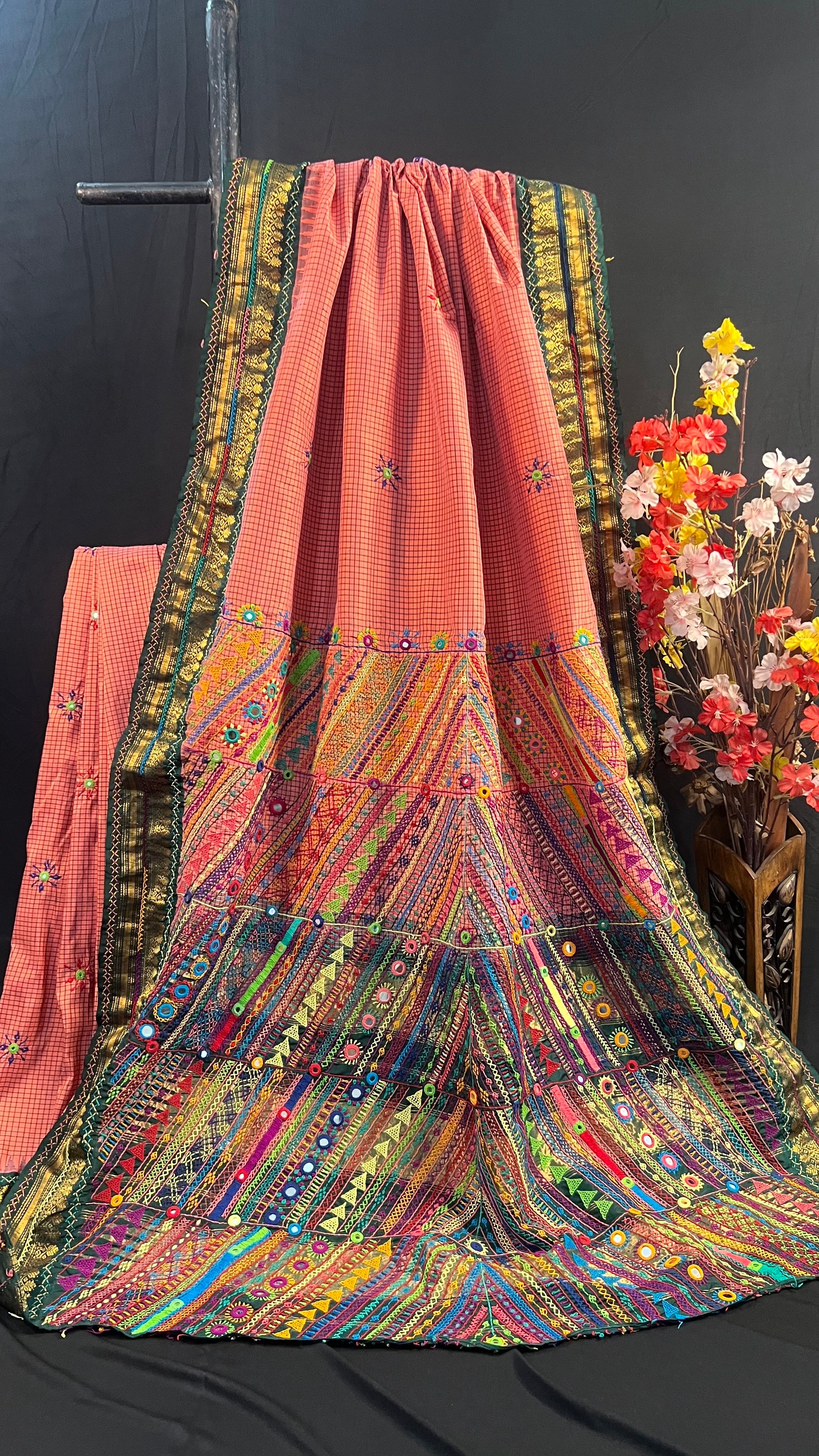 Peach Pink & Deep Green Heavy Embroidered Saree Molakalmuru Silk Lambani Saree