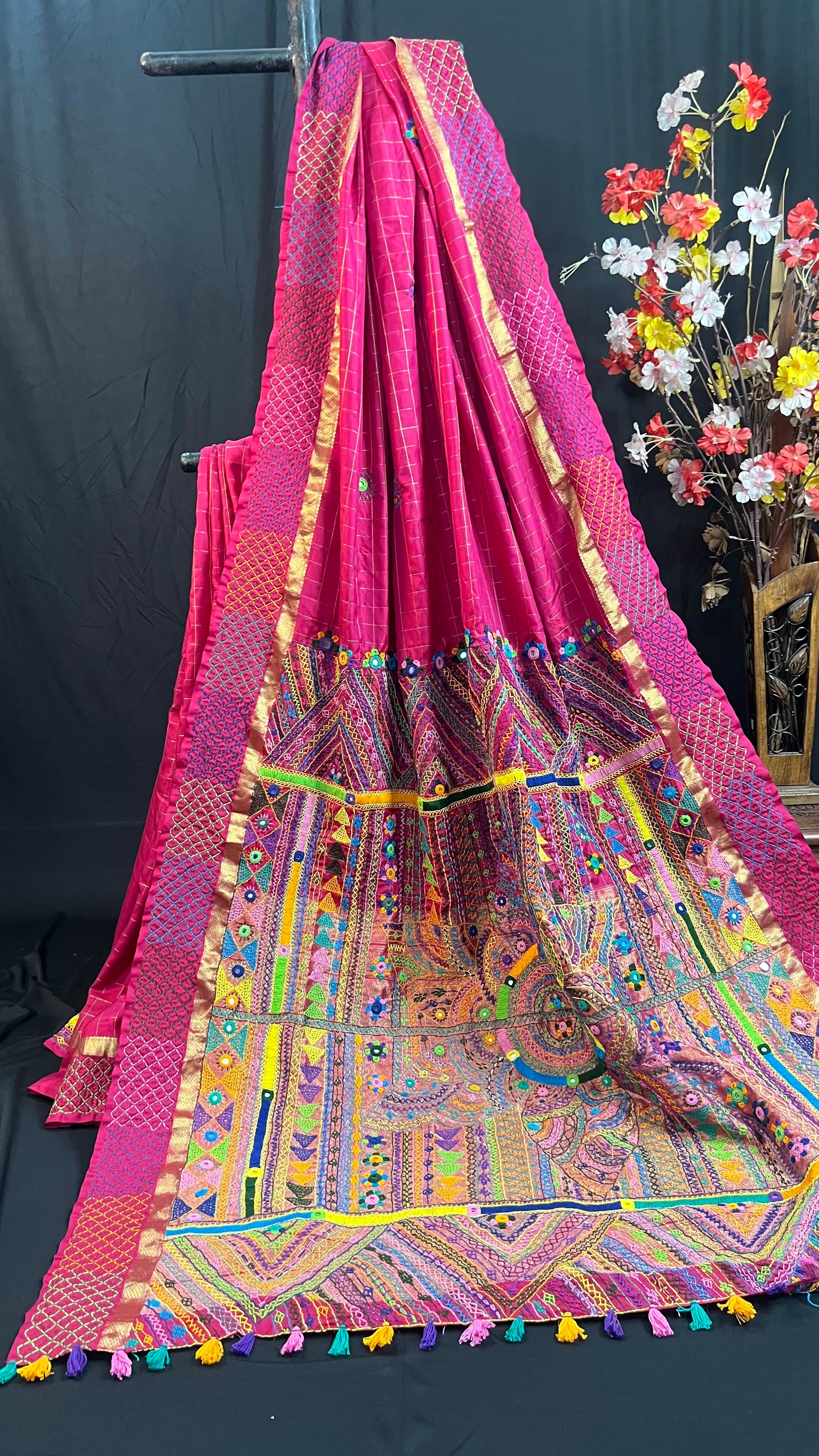 Rani Pink with Multicolor Embroidered Pallu Molakalmuru Silk Lambani Saree
