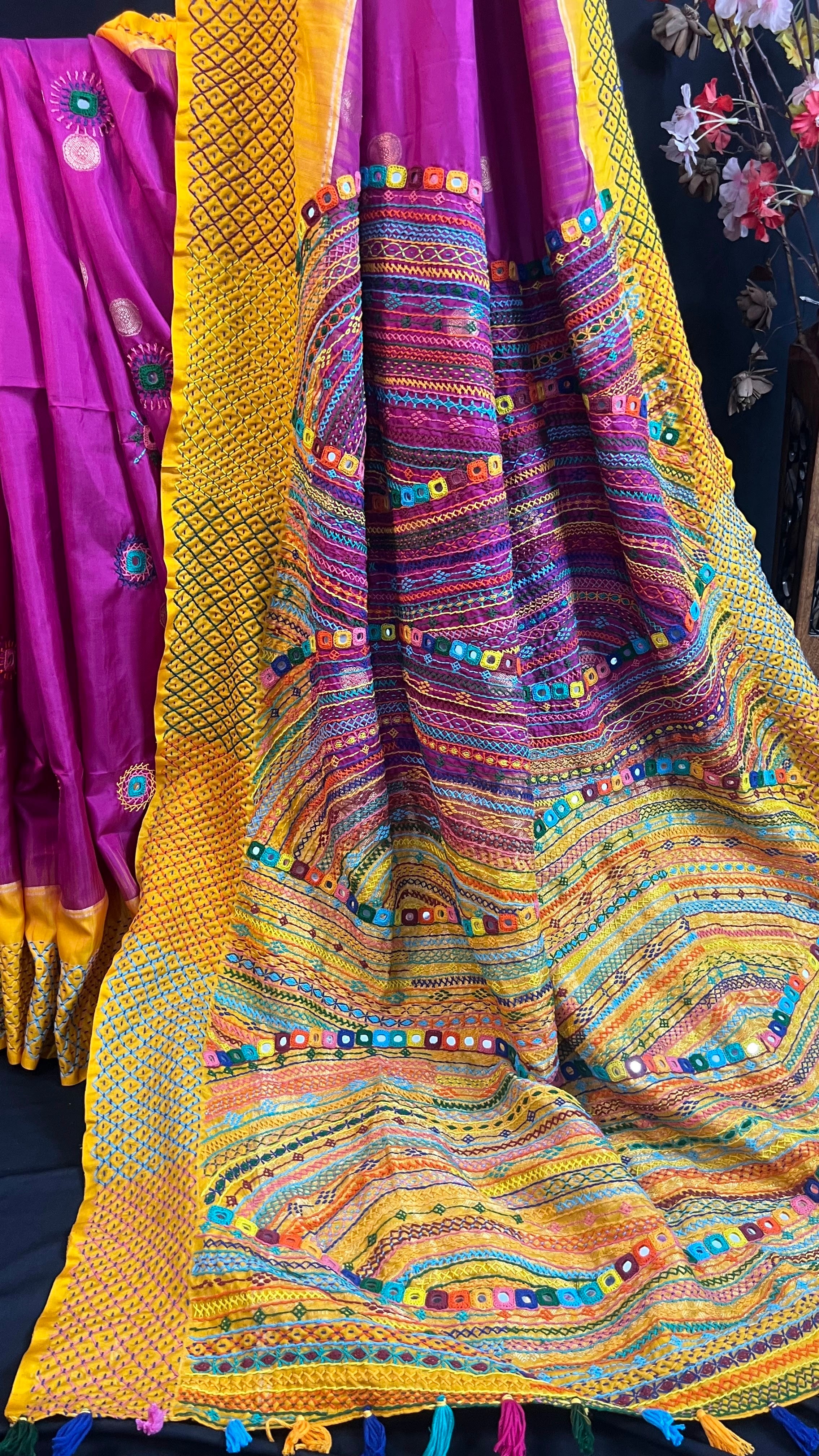 Royal Magenta & Mustard Yellow Molakalmuru Silk Lambani Saree