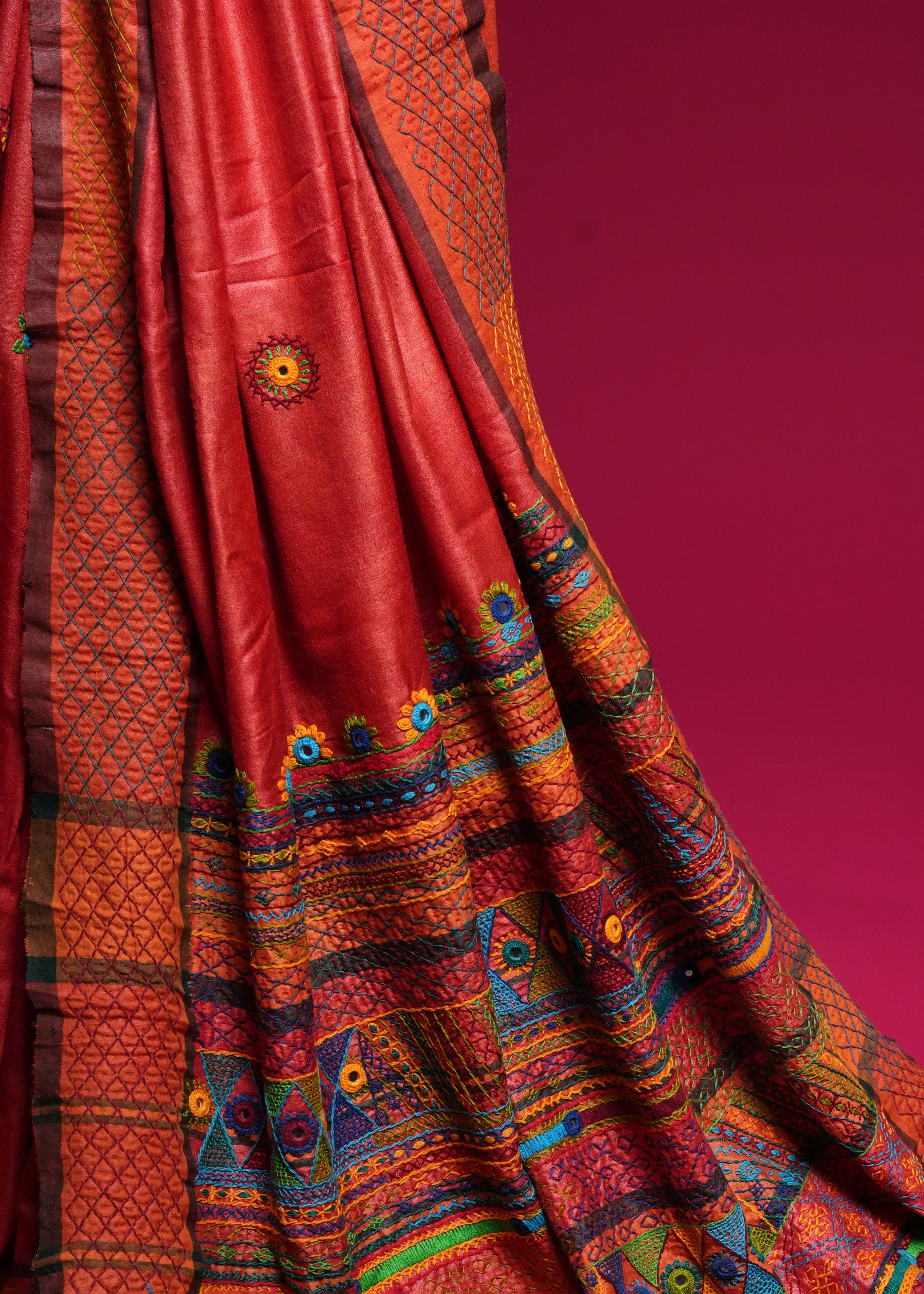 Rust Orange Tusser Silk Lambani Saree with Multicolor Embroidered Pallu