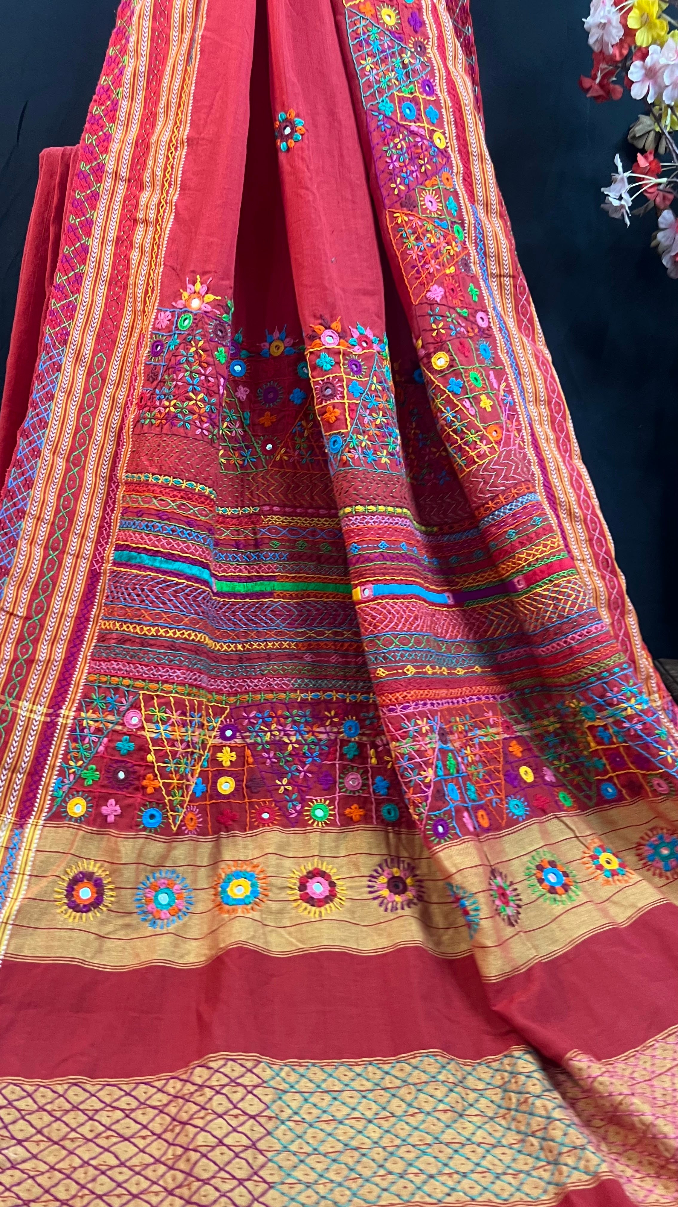 Rustic Maroon with Multicolor Hand Embroidered Border Ilkal Cotton Lambani Saree