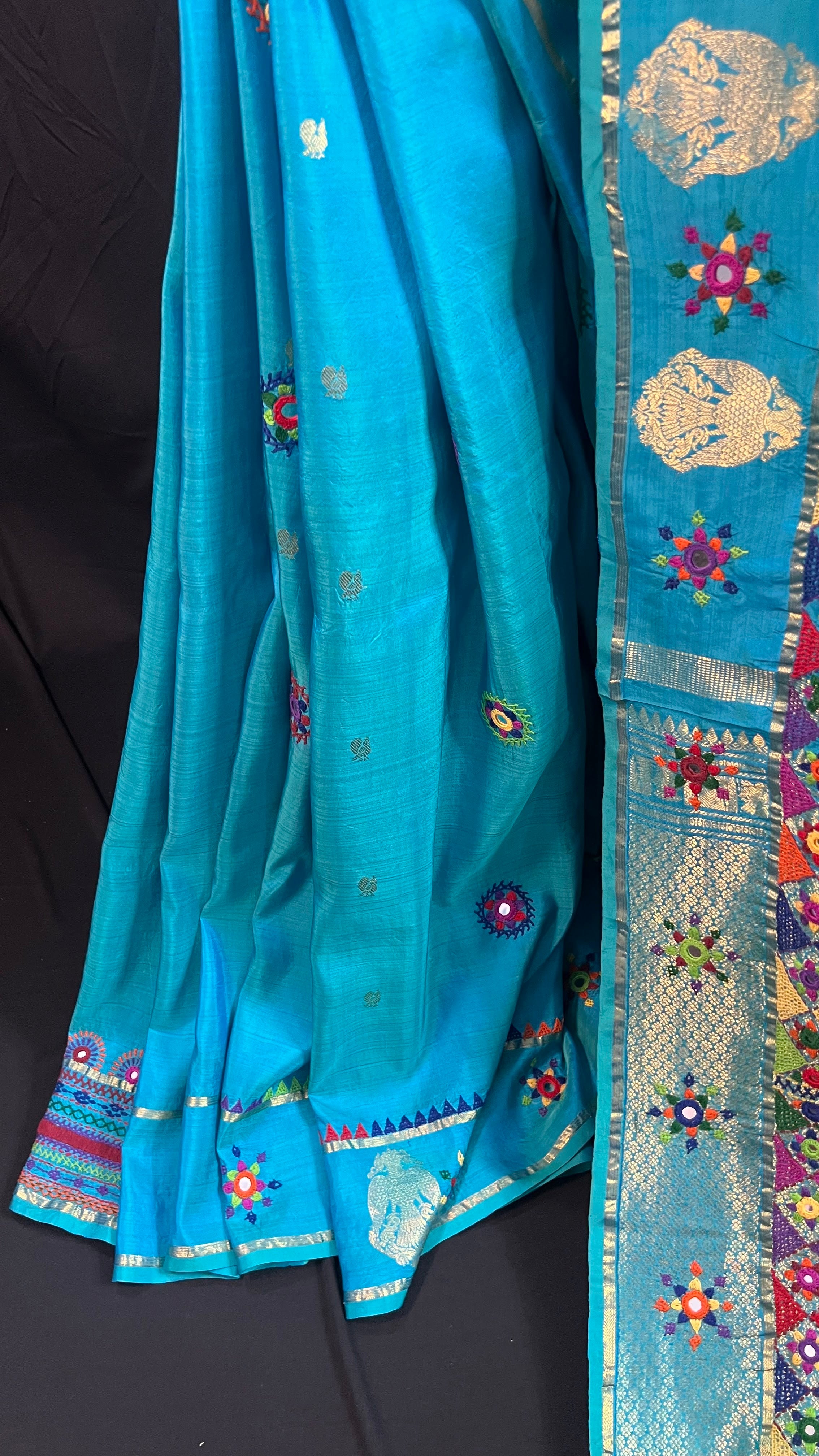 Sky Blue with Multicolor Embroidered Pallu Molakalmuru Silk Lambani Saree