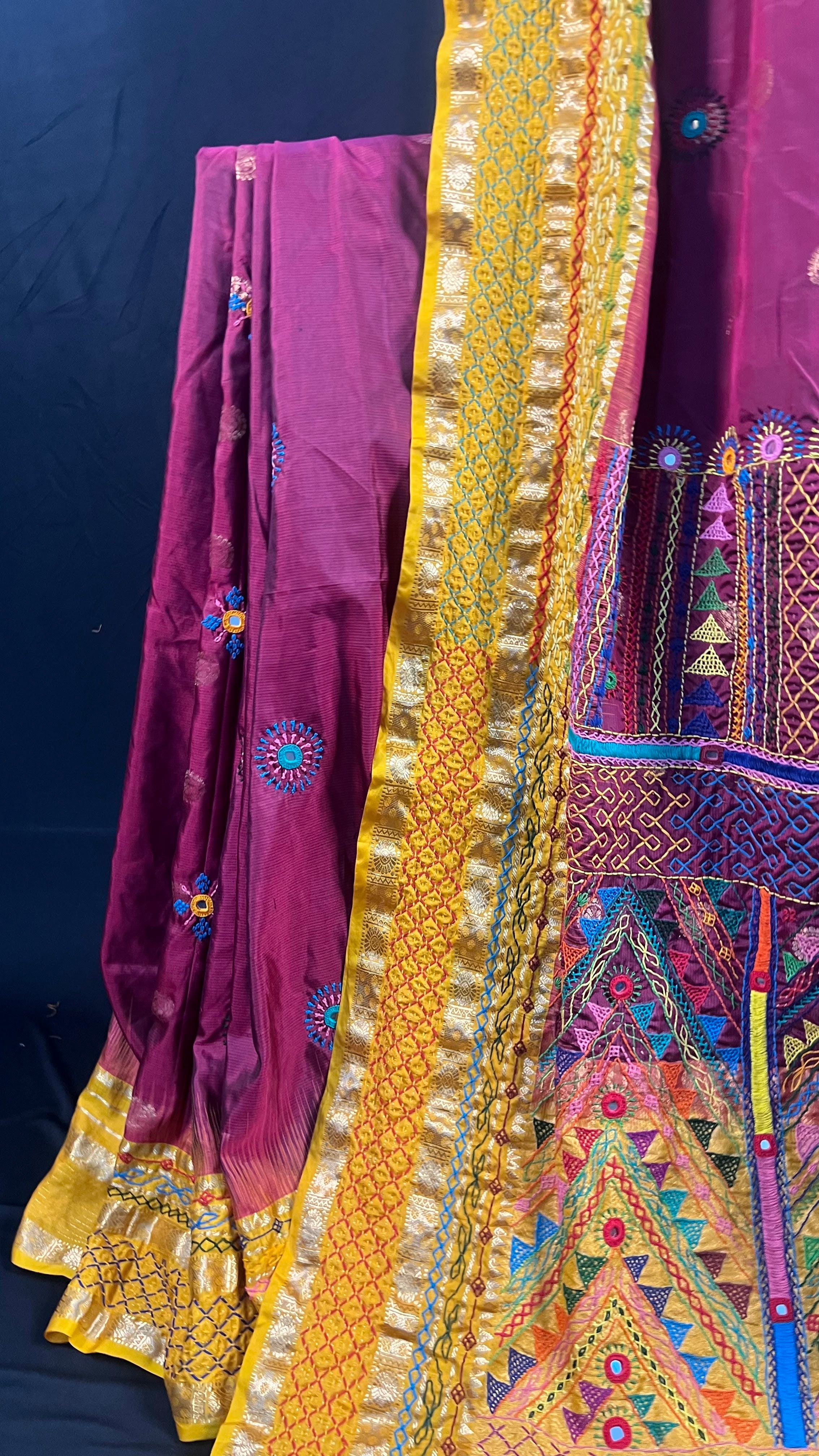 Wine Purple & Mustard Yellow Embroidered Saree Molakalmuru Silk Lambani Saree