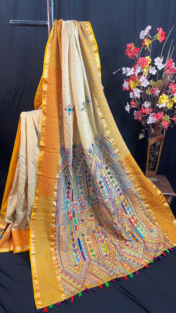 Ivory Cream & Mustard Gold with Multicolor Embroidered Pallu Molakalmuru Silk Lambani Saree