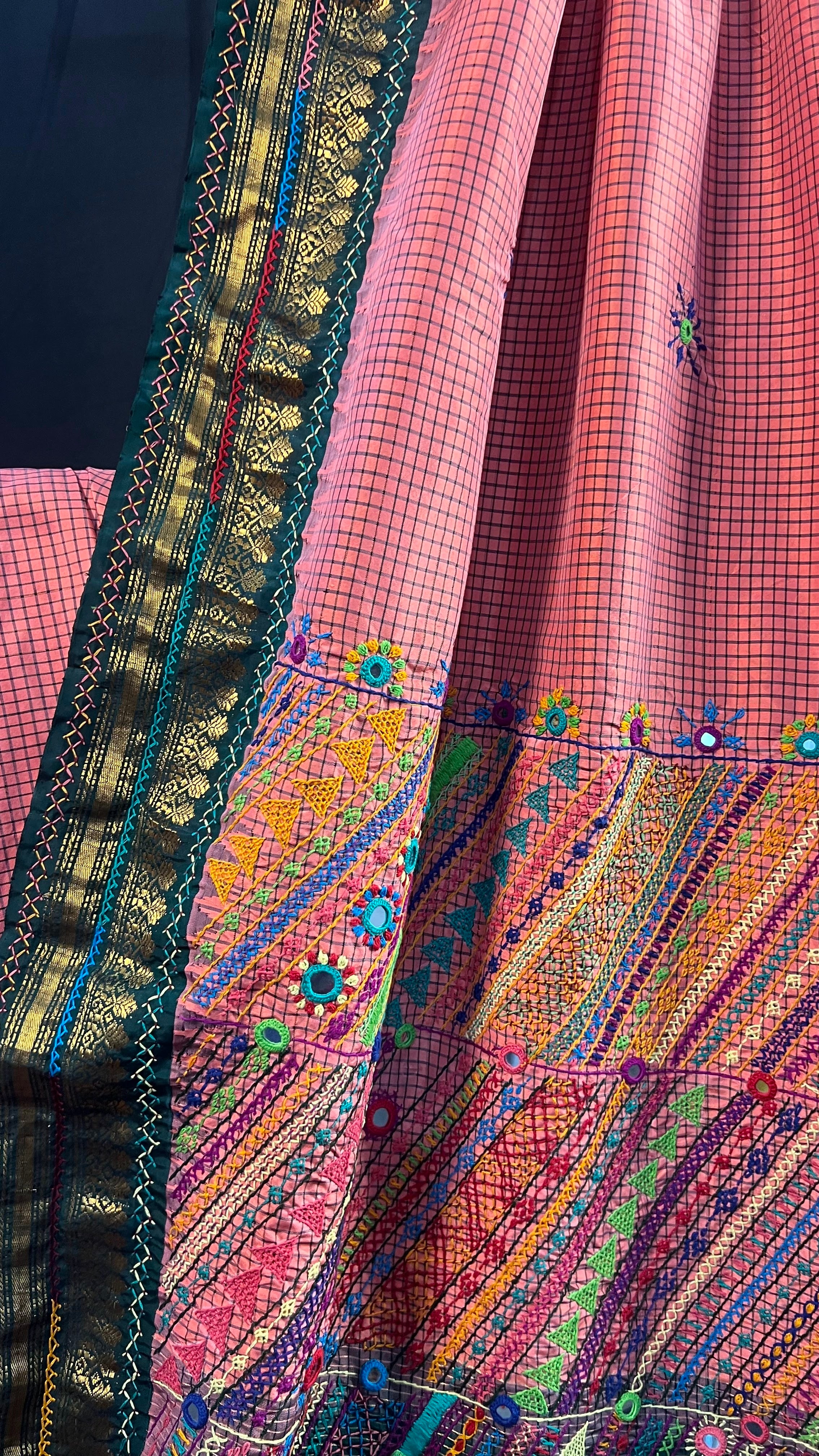 Peach Pink & Deep Green Heavy Embroidered Saree Molakalmuru Silk Lambani Saree