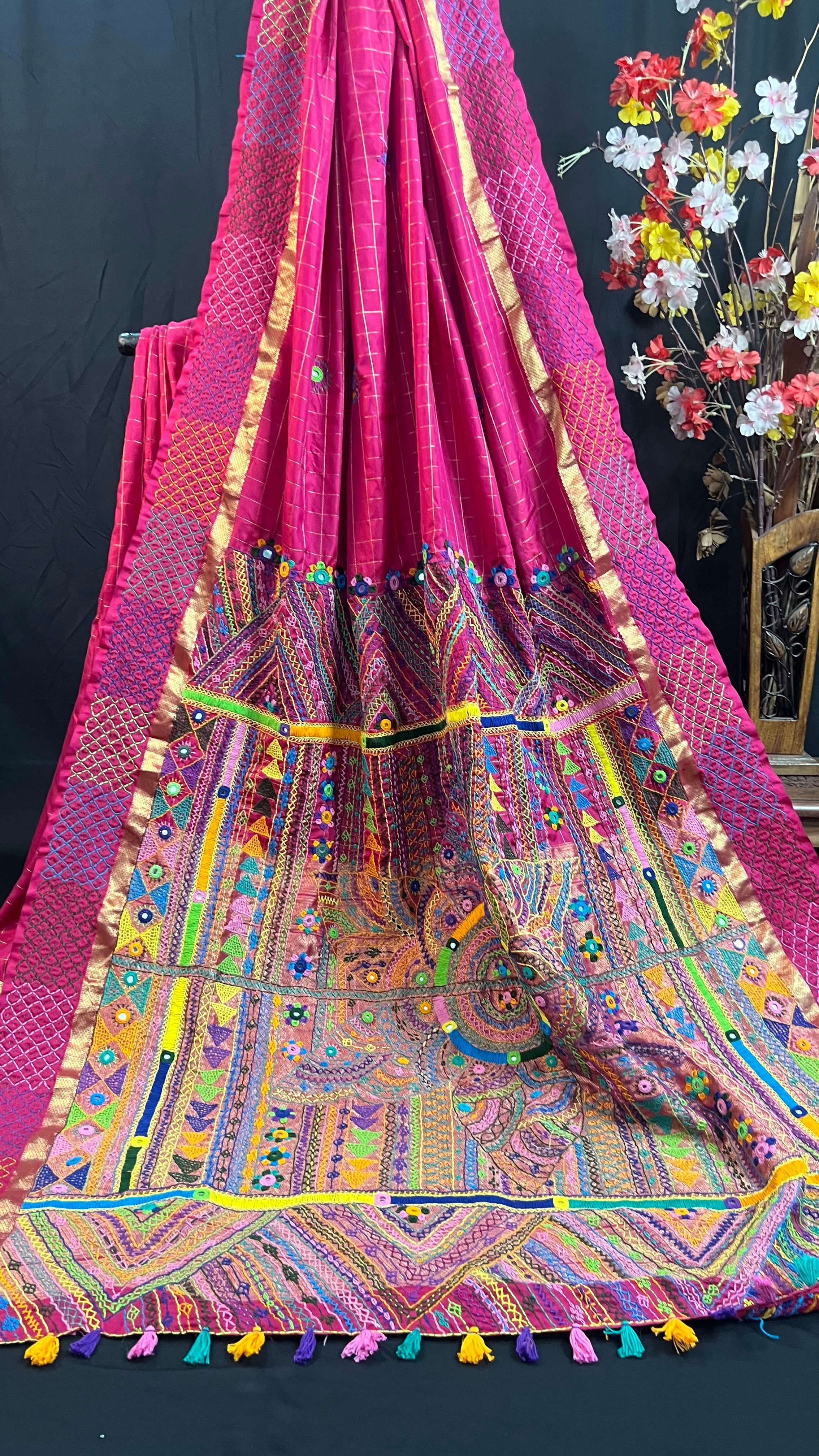 Rani Pink with Multicolor Embroidered Pallu Molakalmuru Silk Lambani Saree