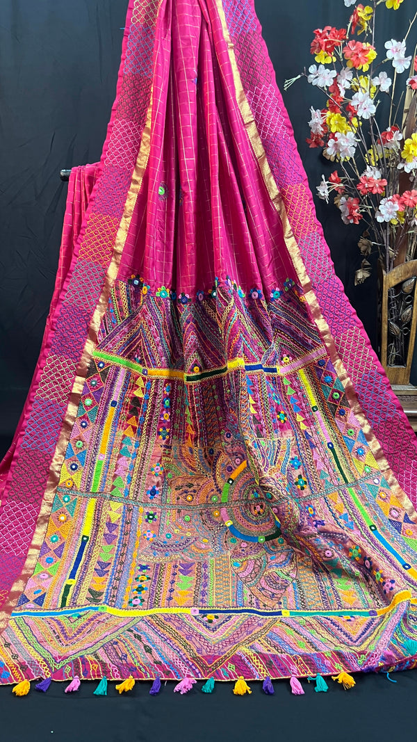 Rani Pink with Multicolor Embroidered Pallu Molakalmuru Silk Lambani Saree