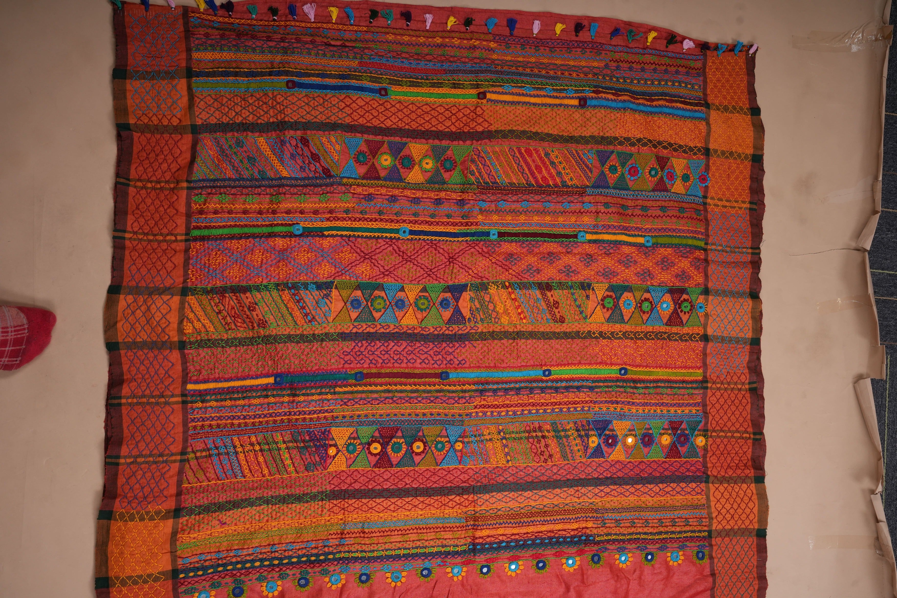 Rust Orange Tusser Silk Lambani Saree with Multicolor Embroidered Pallu