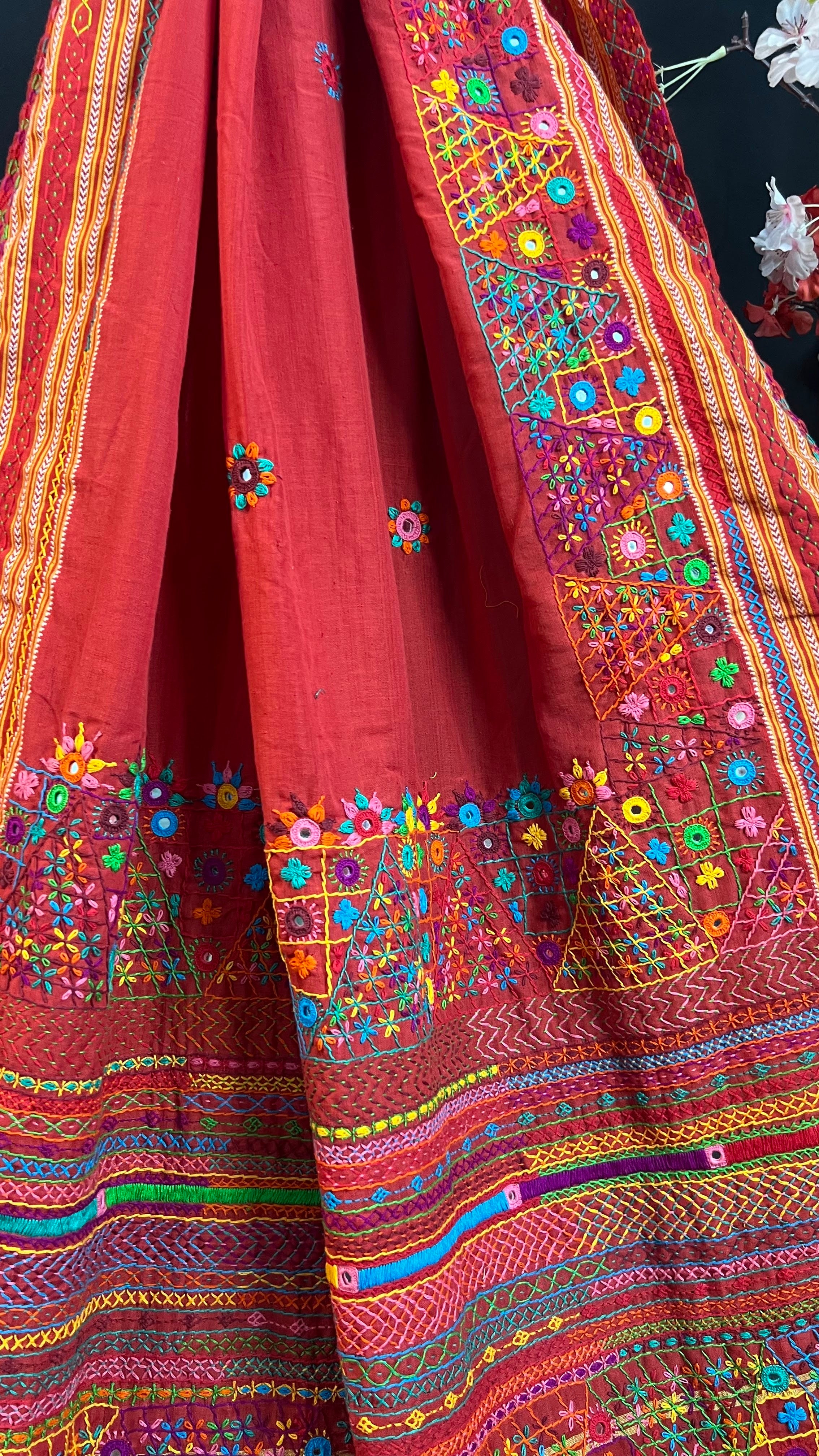 Rustic Maroon with Multicolor Hand Embroidered Border Ilkal Cotton Lambani Saree