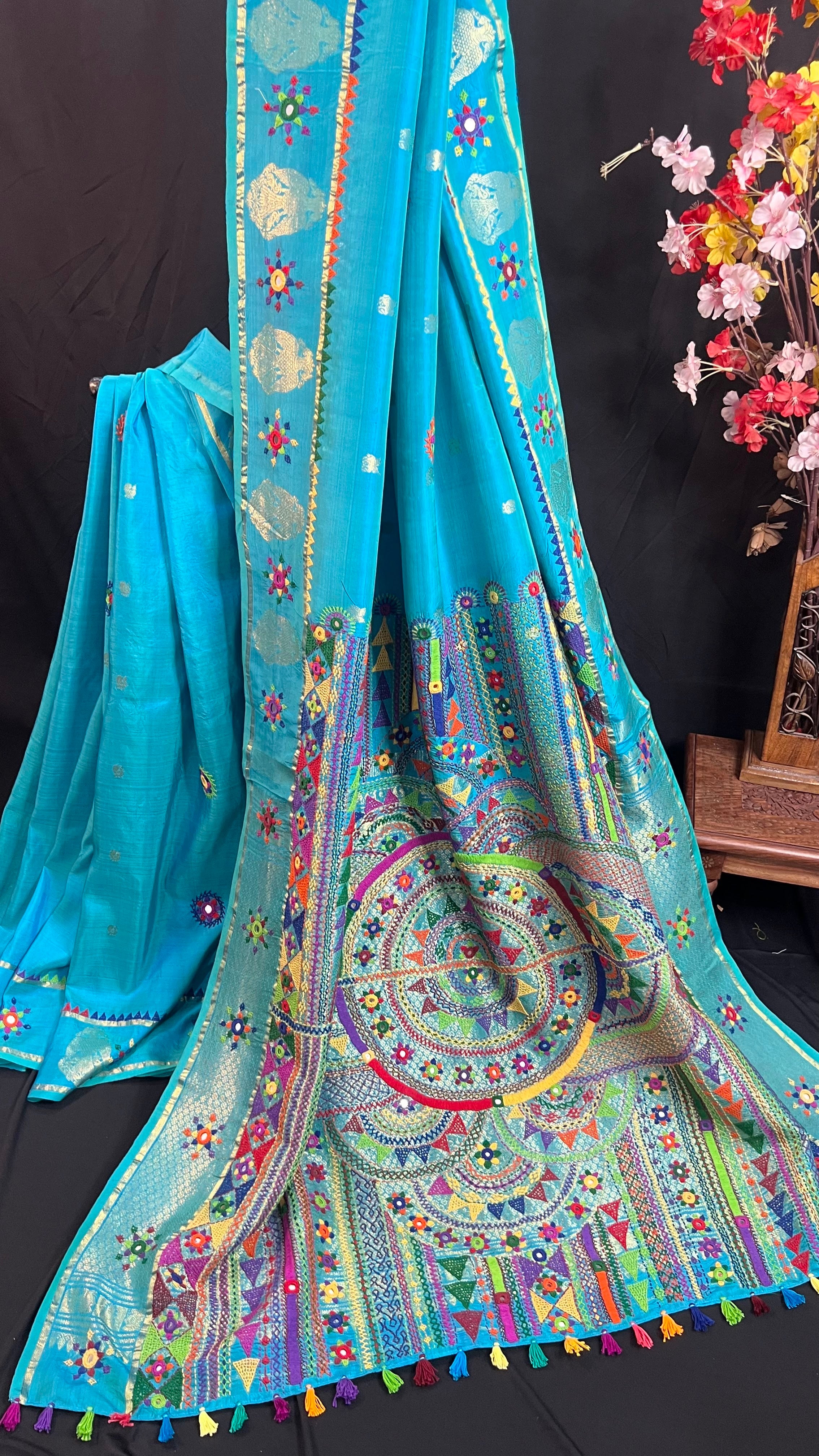 Sky Blue with Multicolor Embroidered Pallu Molakalmuru Silk Lambani Saree