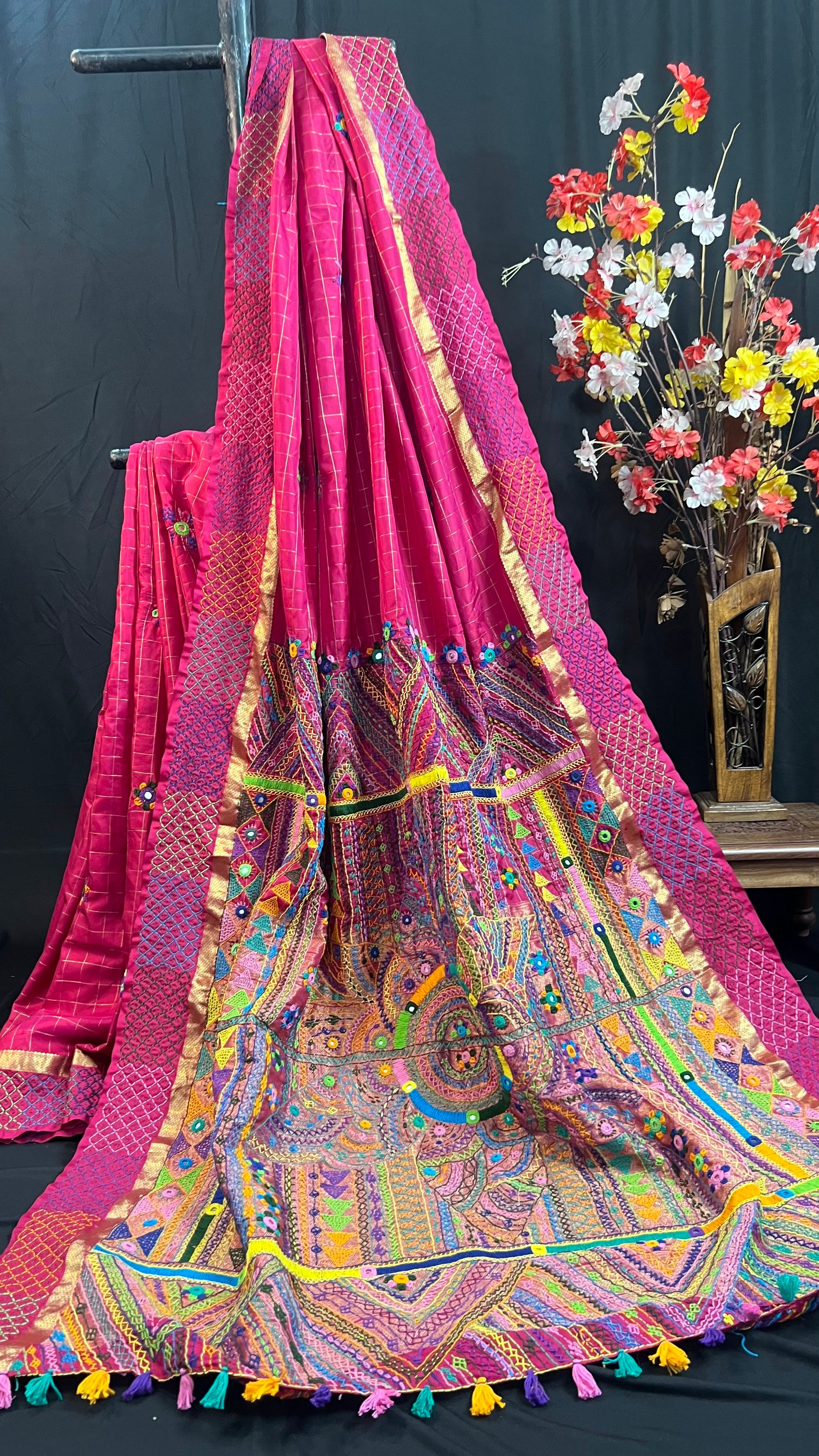 Rani Pink with Multicolor Embroidered Pallu Molakalmuru Silk Lambani Saree