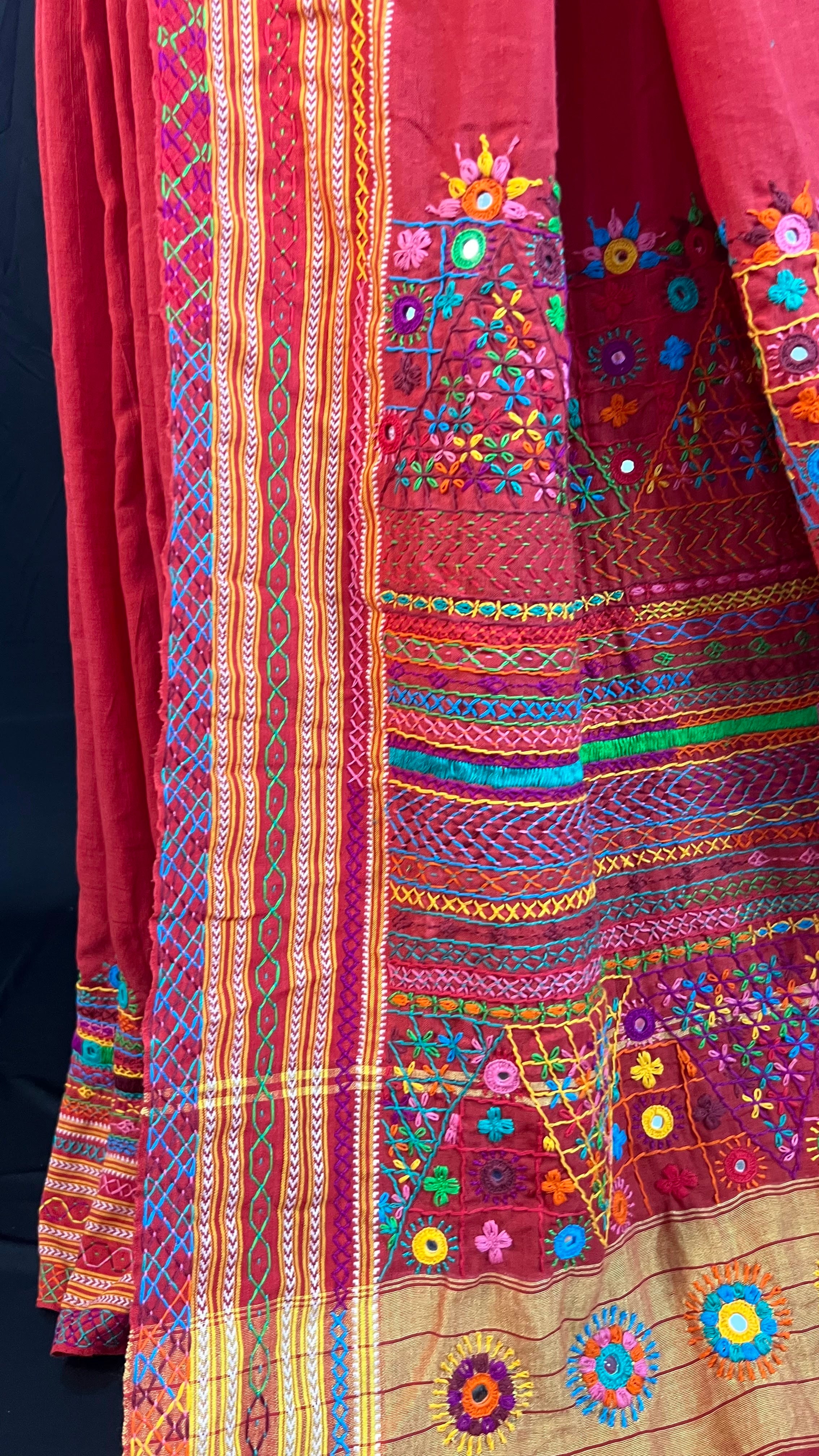 Rustic Maroon with Multicolor Hand Embroidered Border Ilkal Cotton Lambani Saree