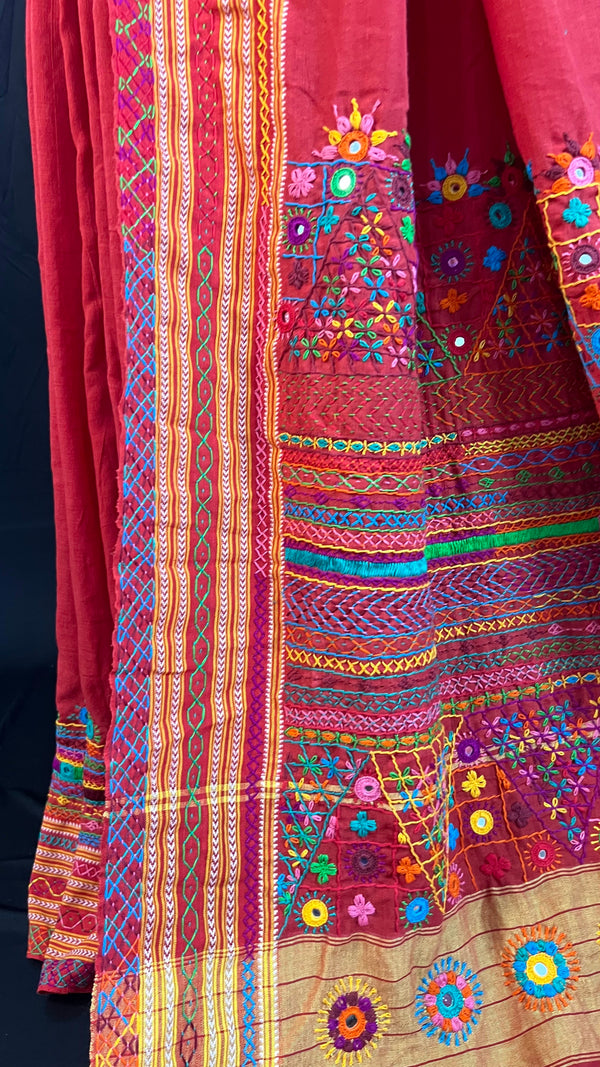 Rustic Maroon with Multicolor Hand Embroidered Border Ilkal Cotton Lambani Saree