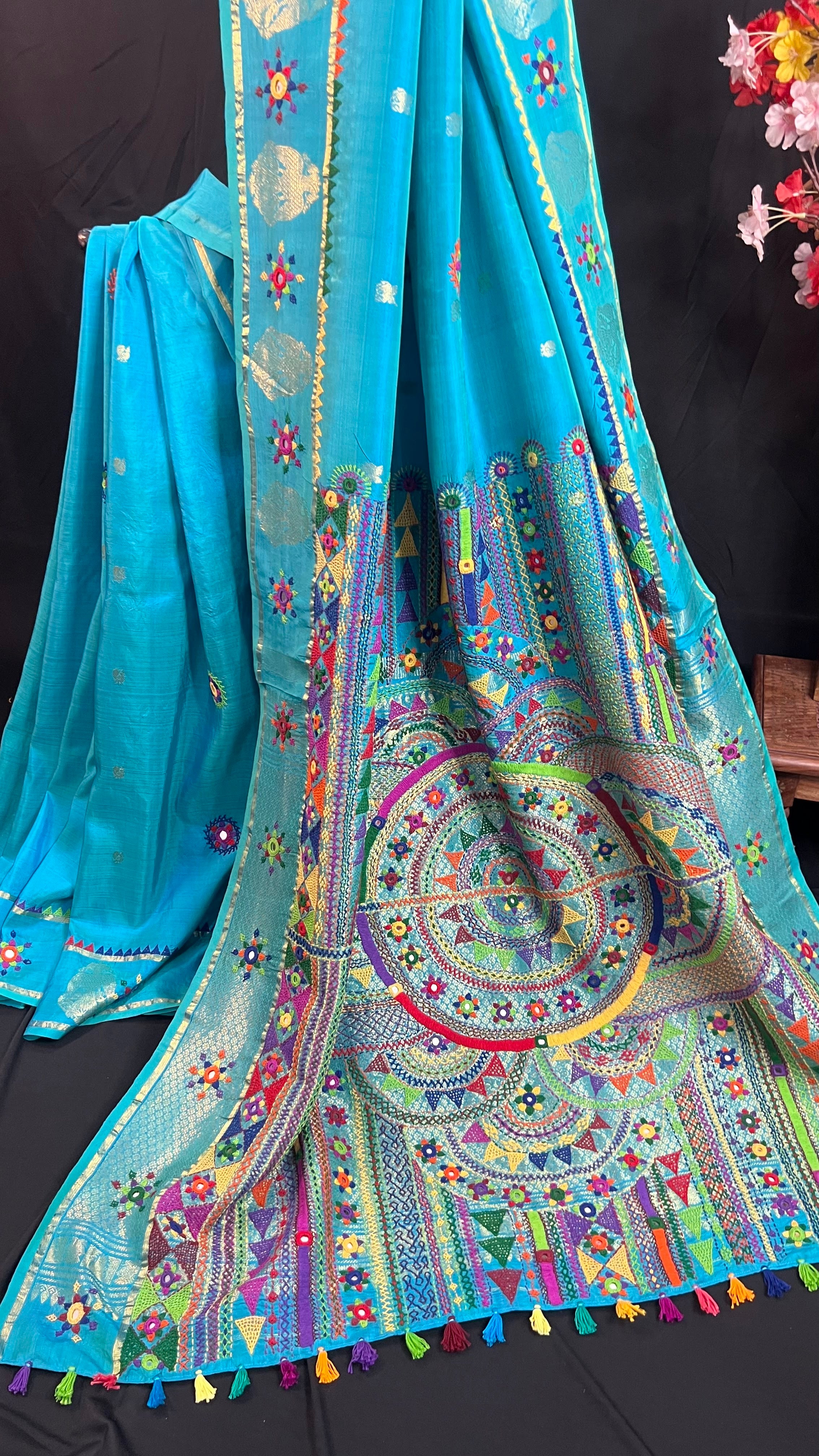 Sky Blue with Multicolor Embroidered Pallu Molakalmuru Silk Lambani Saree