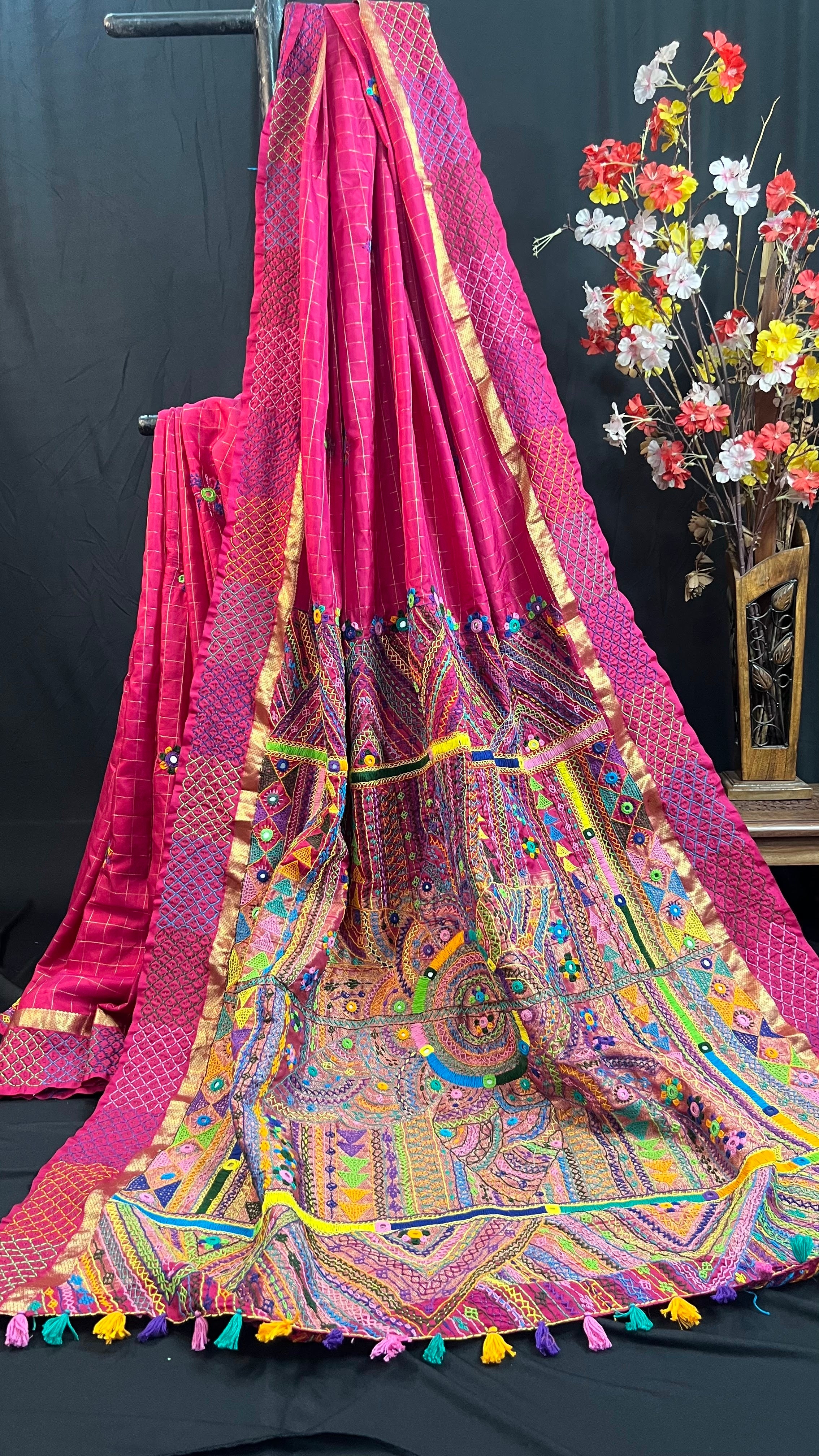 Rani Pink with Multicolor Embroidered Pallu Molakalmuru Silk Lambani Saree
