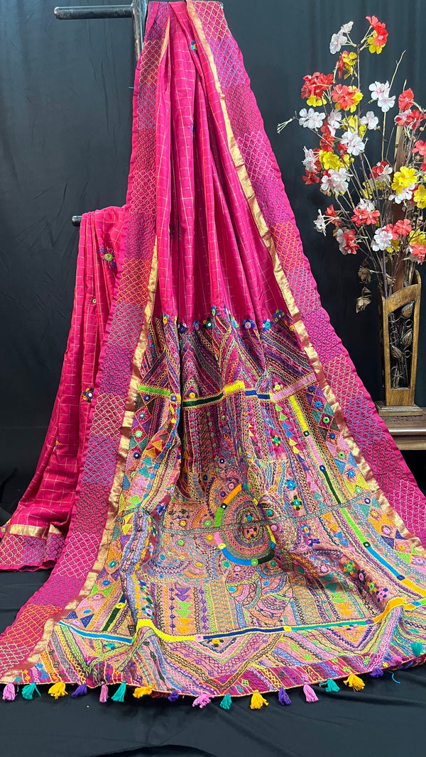 Rani Pink with Multicolor Embroidered Pallu Molakalmuru Silk Lambani Saree