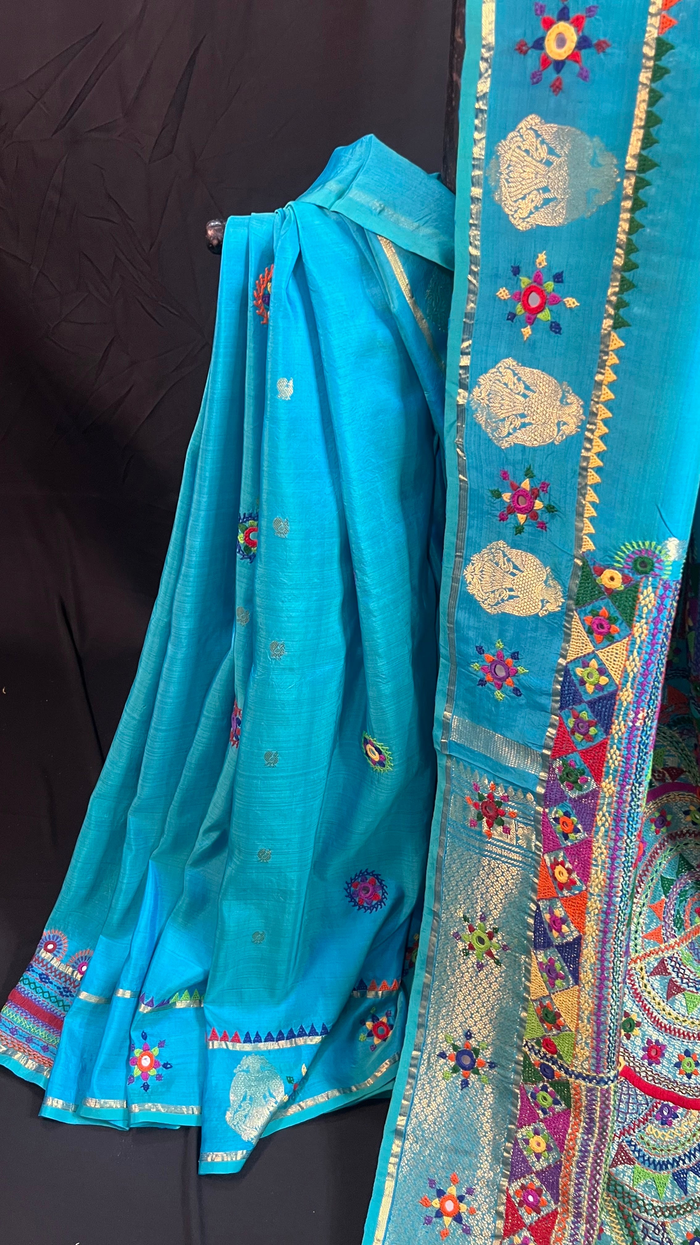 Sky Blue with Multicolor Embroidered Pallu Molakalmuru Silk Lambani Saree
