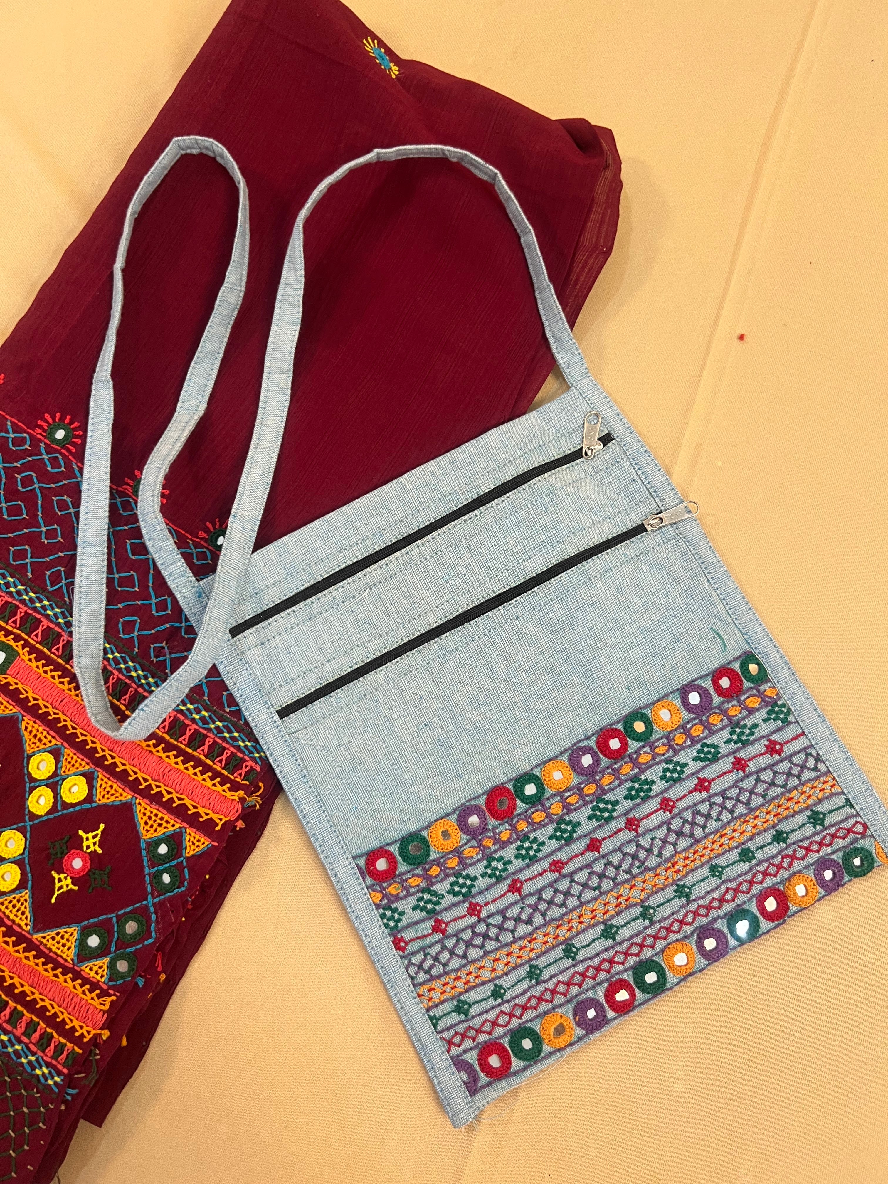 Ash Grey Handloom Cotton Sling Bag with Traditional Lambani Embroidery