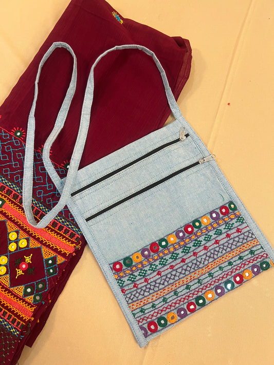 Ash Grey Handloom Cotton Sling Bag with Traditional Lambani Embroidery