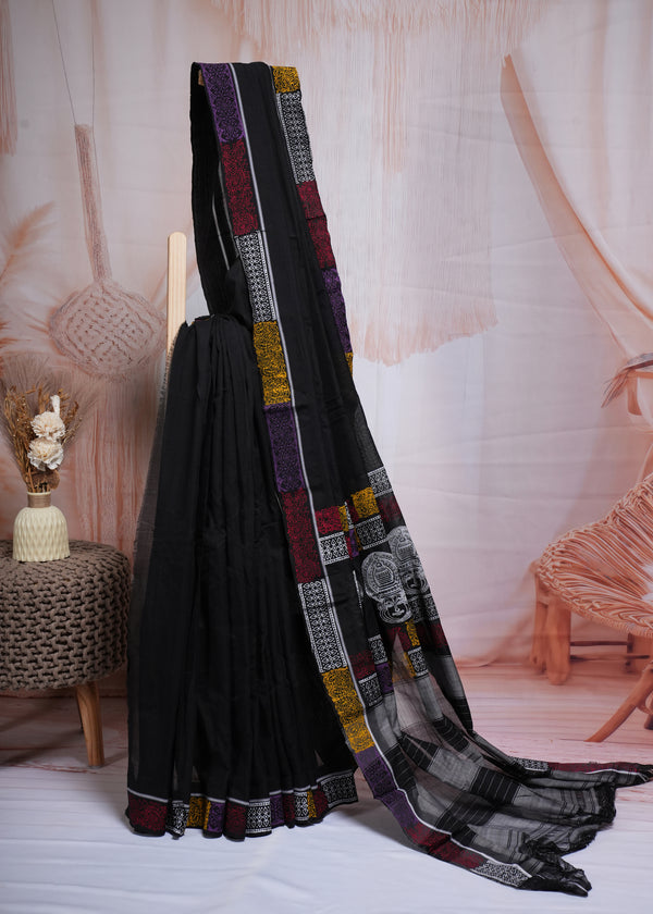 Black Multicolor Border Statement Cotton Saree