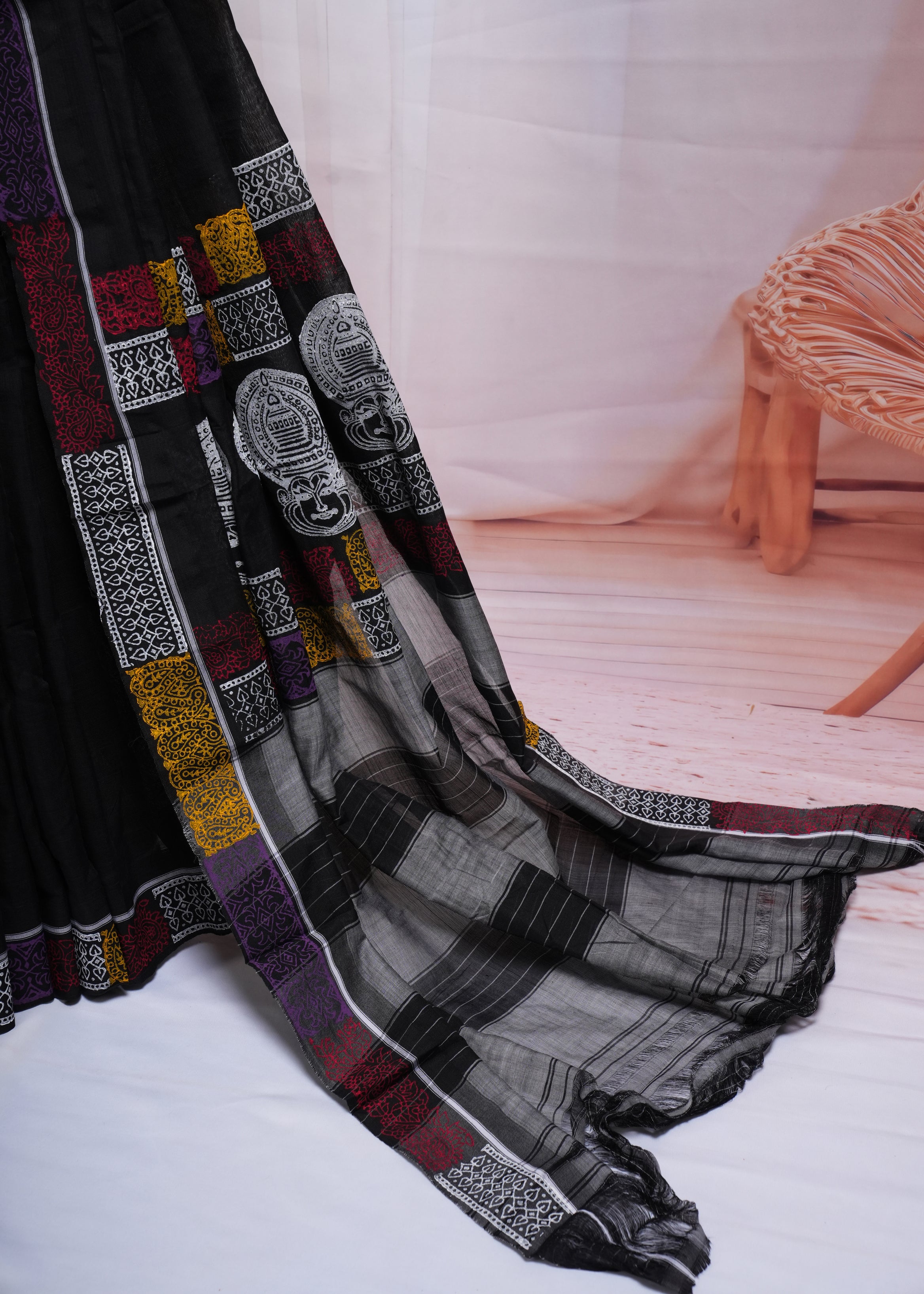 Black Multicolor Border Statement Cotton Saree
