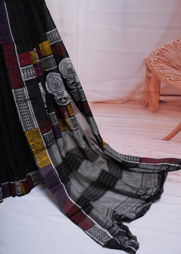 Black Multicolor Border Statement Cotton Saree