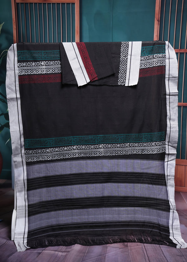 Black & Grey Tribal Border Cotton Saree