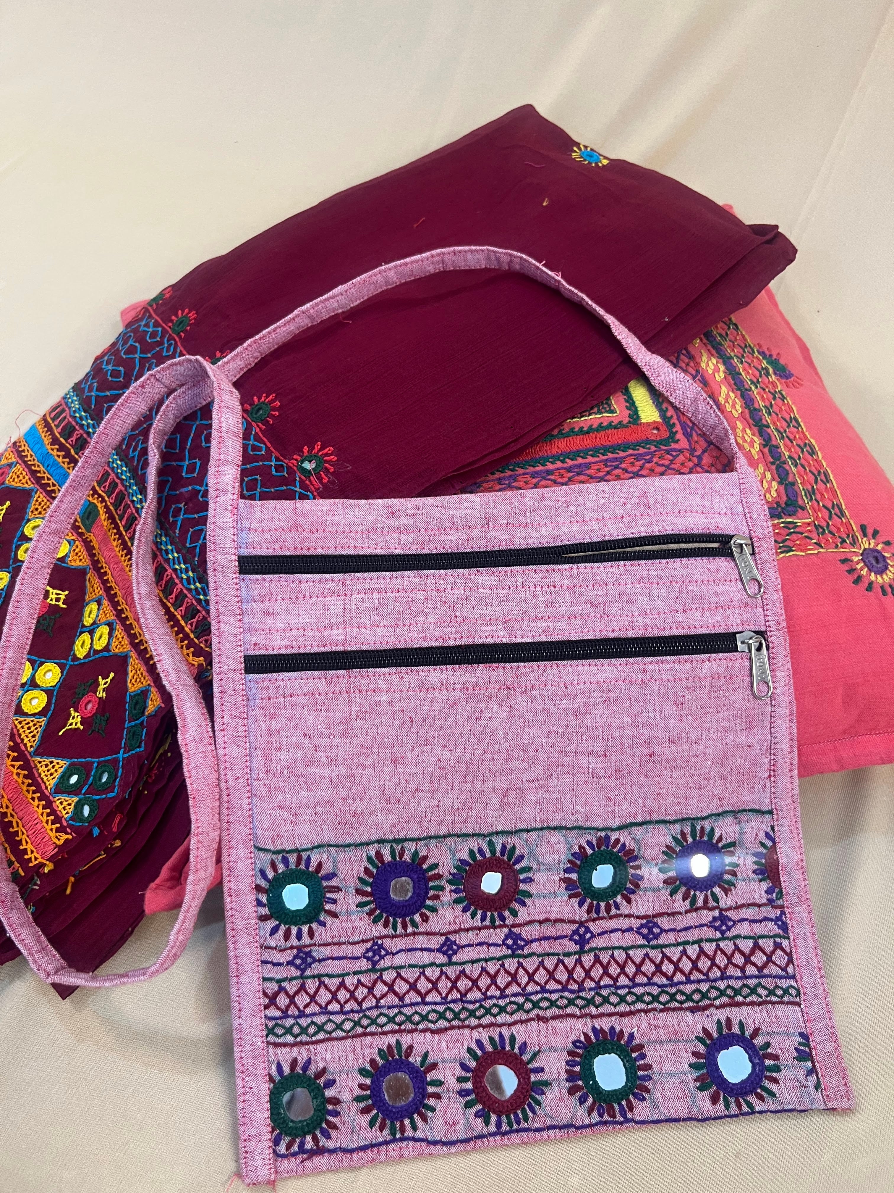 Blush Pink Handloom Cotton Sling Bag with Traditional Lambani Embroidery
