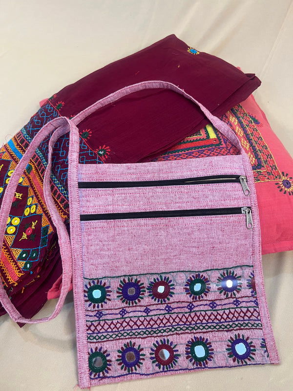 Blush Pink Handloom Cotton Sling Bag with Traditional Lambani Embroidery