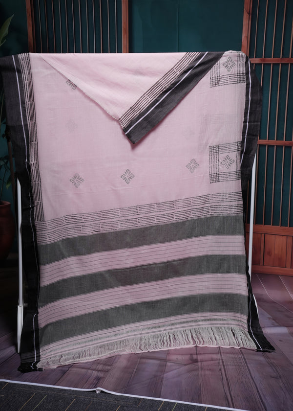 Blush Pink & Grey Minimal Stripe Cotton Saree