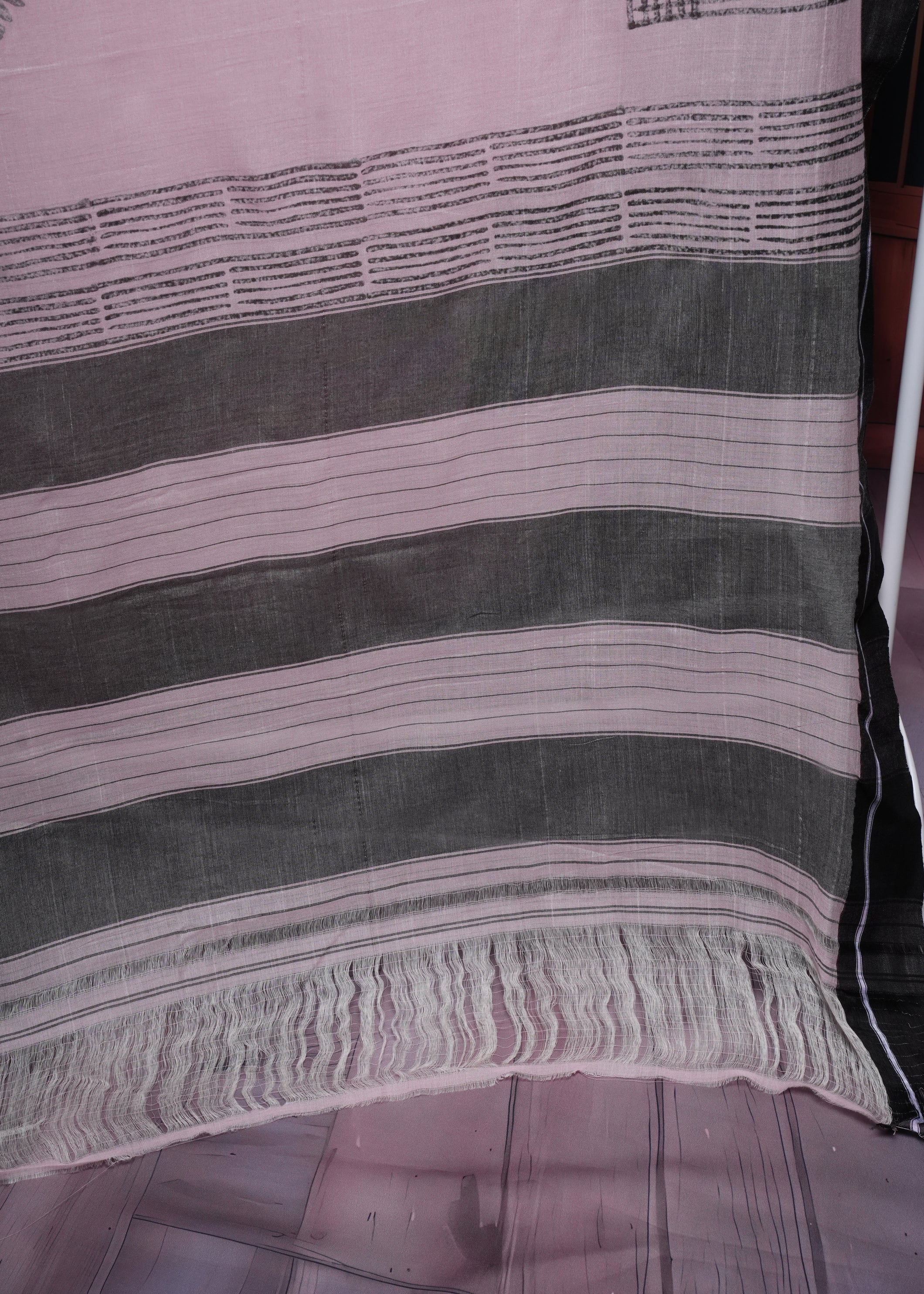 Blush Pink & Grey Minimal Stripe Cotton Saree