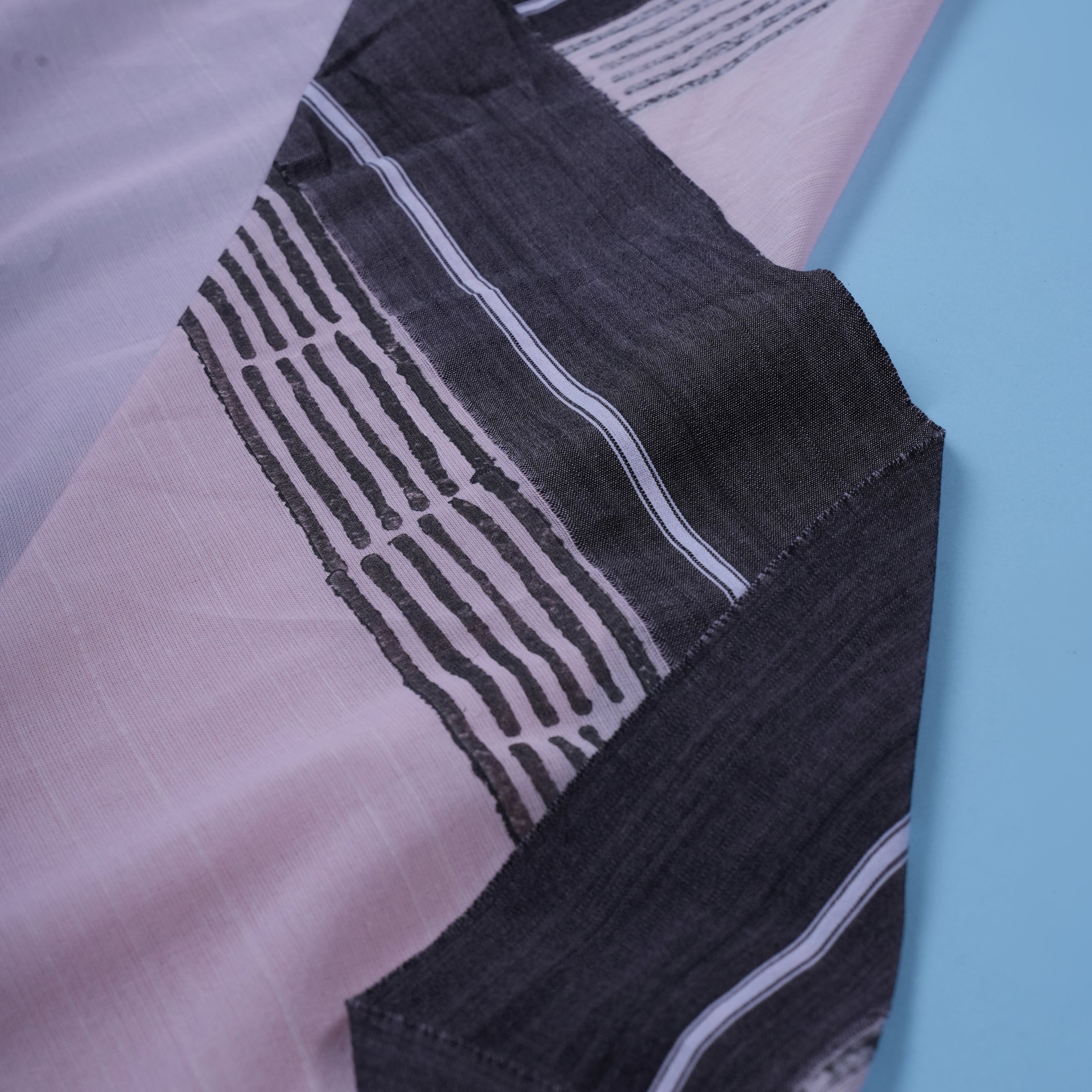 Blush Pink & Grey Minimal Stripe Cotton Saree