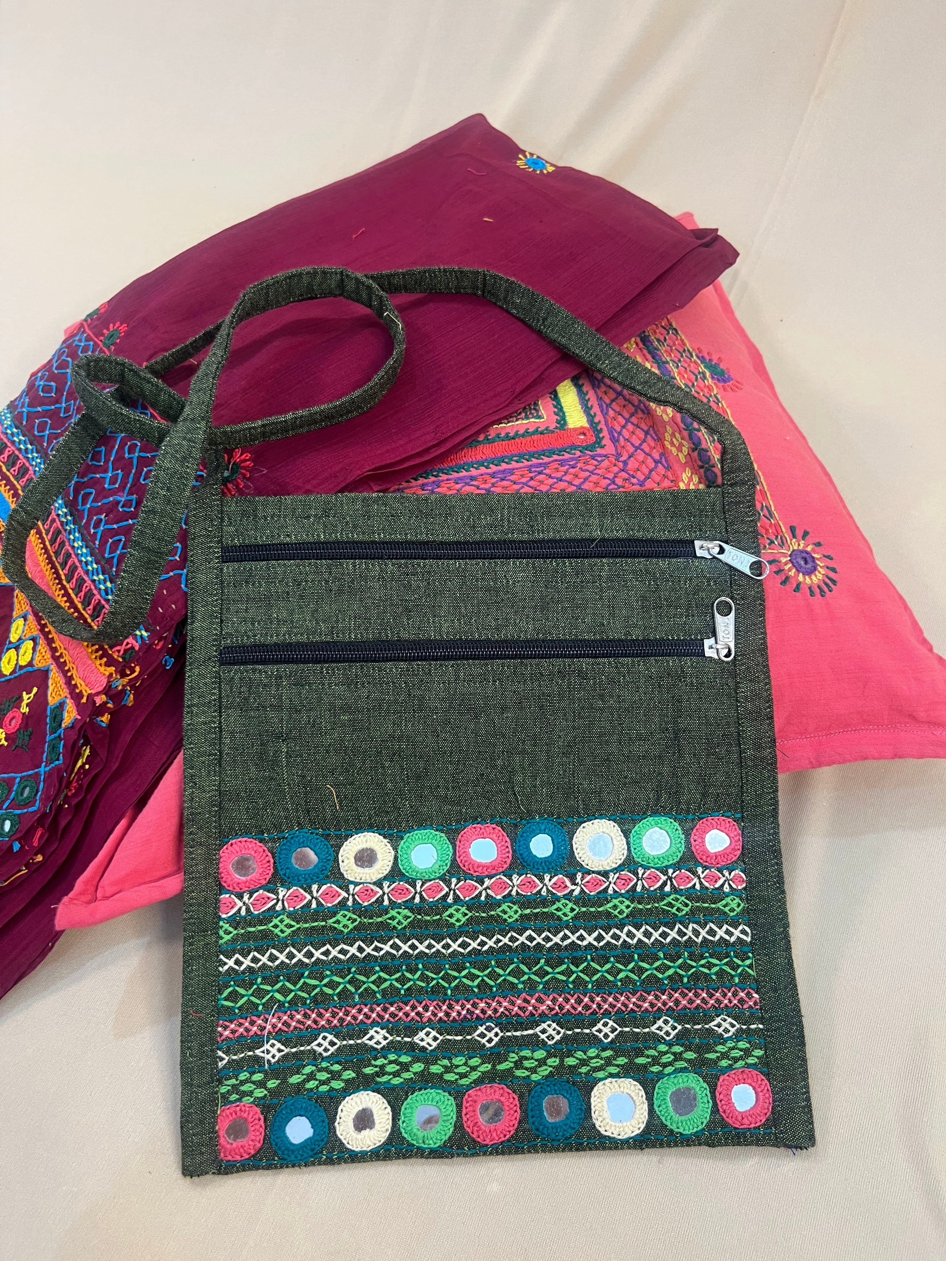 Charcoal Grey Handloom Cotton Sling Bag with Lambani Embroidery