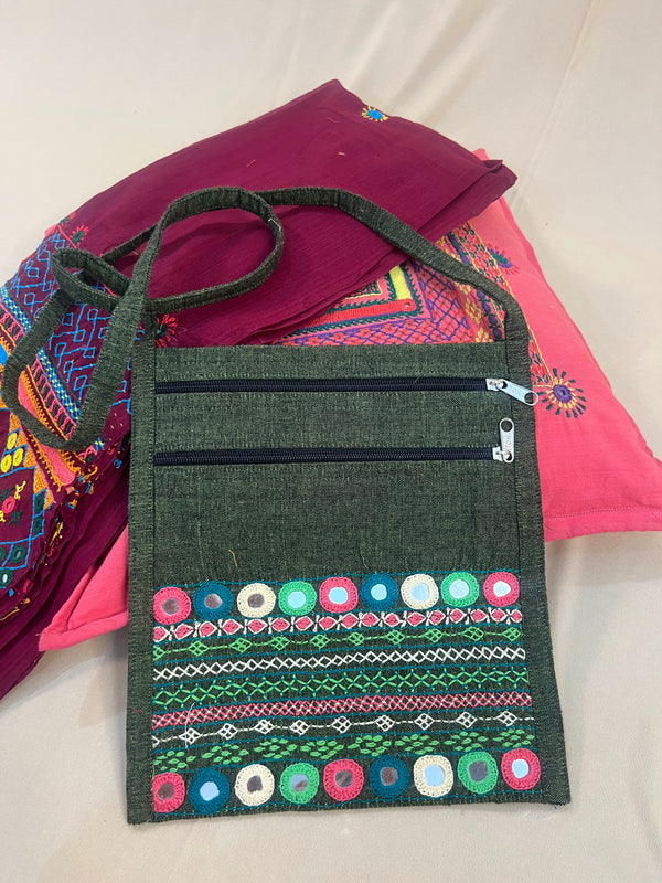 Charcoal Grey Handloom Cotton Sling Bag with Lambani Embroidery
