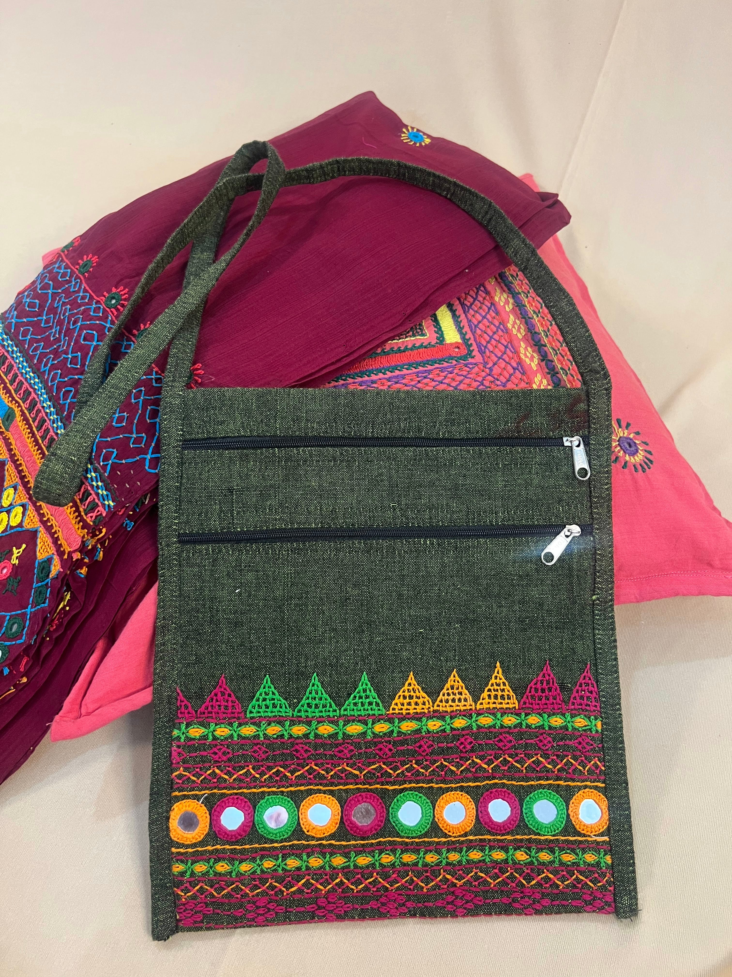 Charcoal Grey Handloom Cotton Sling Bag with Traditional Lambani Embroidery