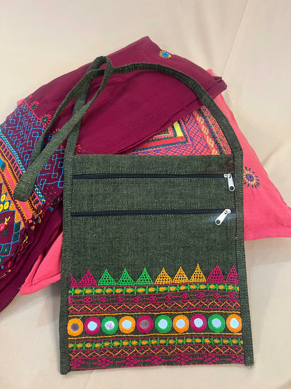 Charcoal Grey Handloom Cotton Sling Bag with Traditional Lambani Embroidery