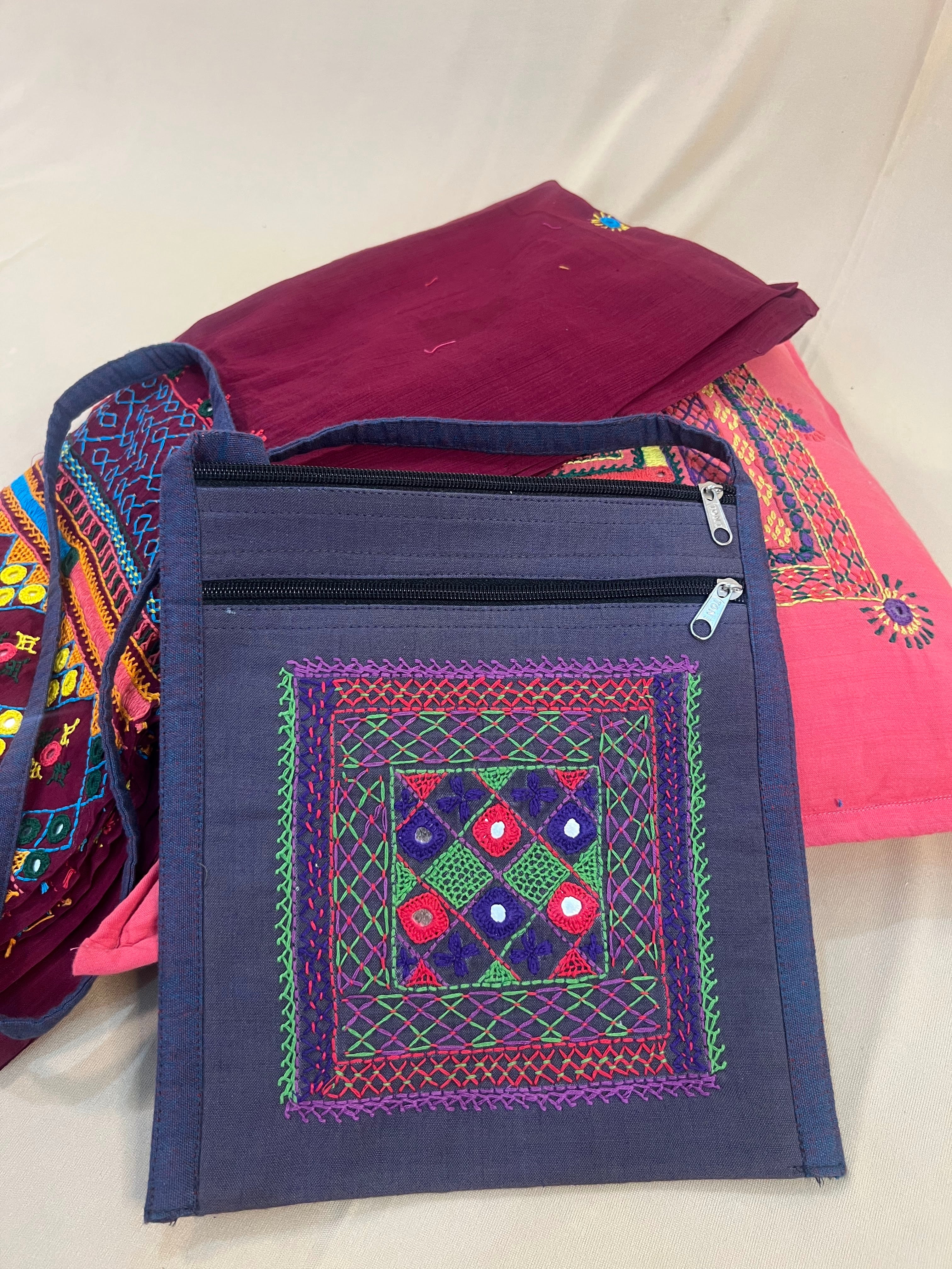 Deep Indigo Handloom Cotton Sling Bag with Geometric Lambani Embroidery