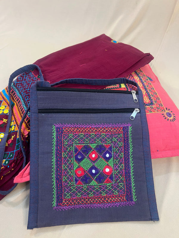 Deep Indigo Handloom Cotton Sling Bag with Geometric Lambani Embroidery