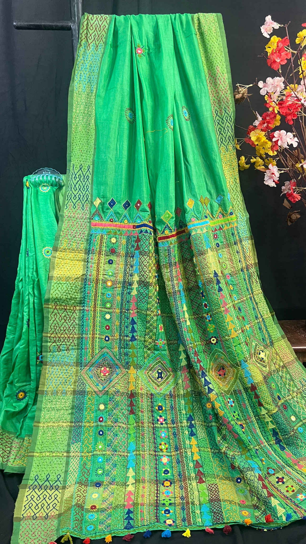 Handmade Lambani Embroidered Pure Tussar Saree with Running Blouse Piece