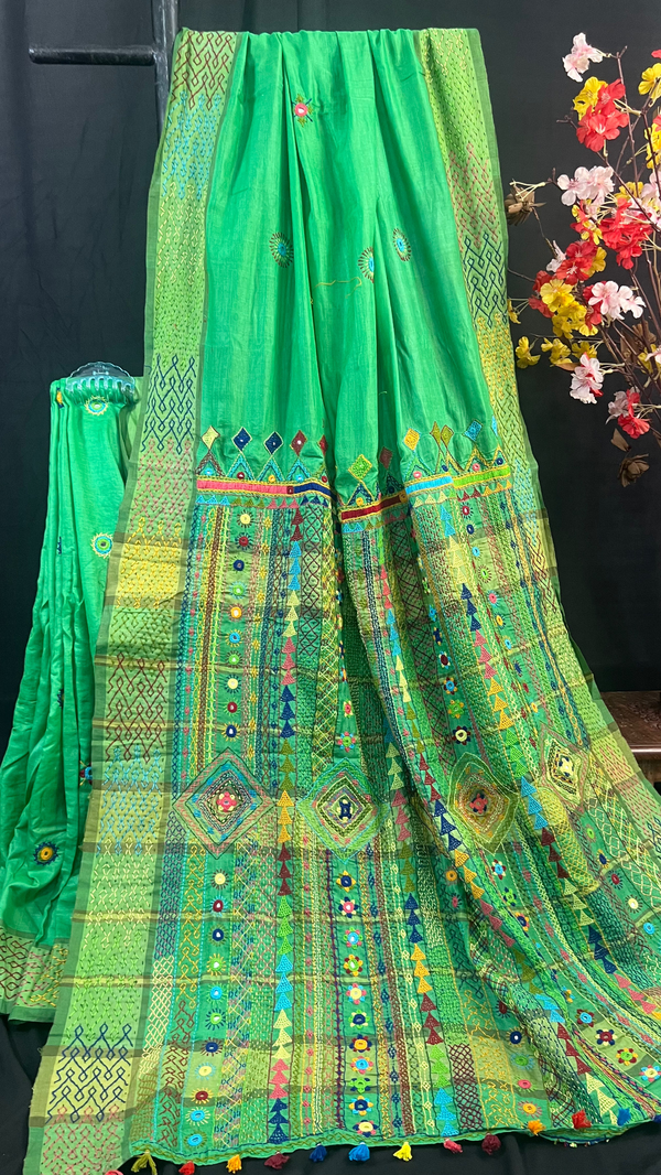 Handmade Lambani Embroidered Pure Tussar Saree with Running Blouse Piece