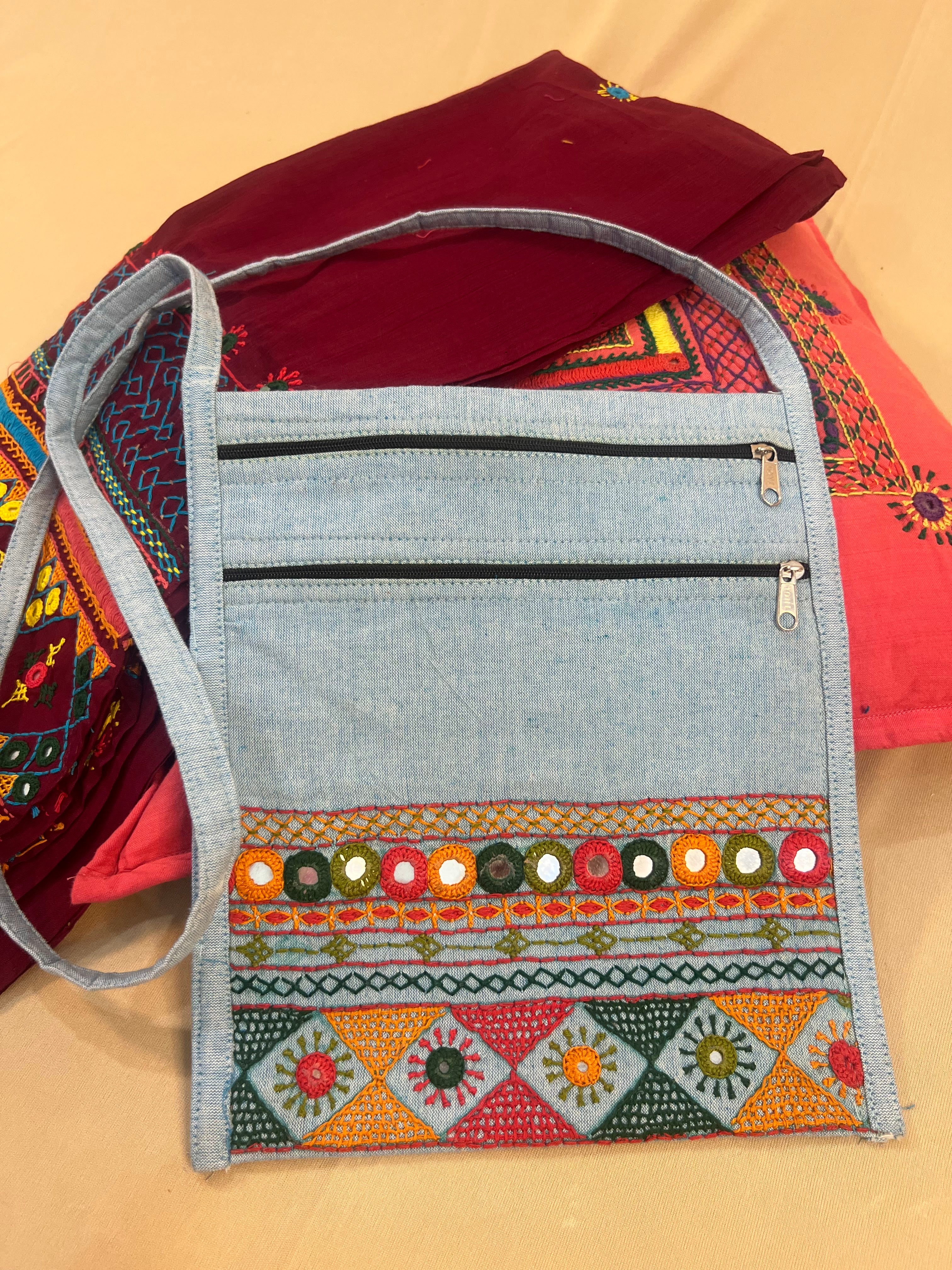 Grey Handloom Cotton Sling Bag with Earthy Lambani Embroidery