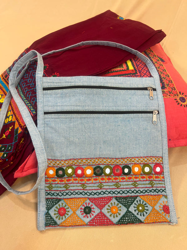 Grey Handloom Cotton Sling Bag with Earthy Lambani Embroidery