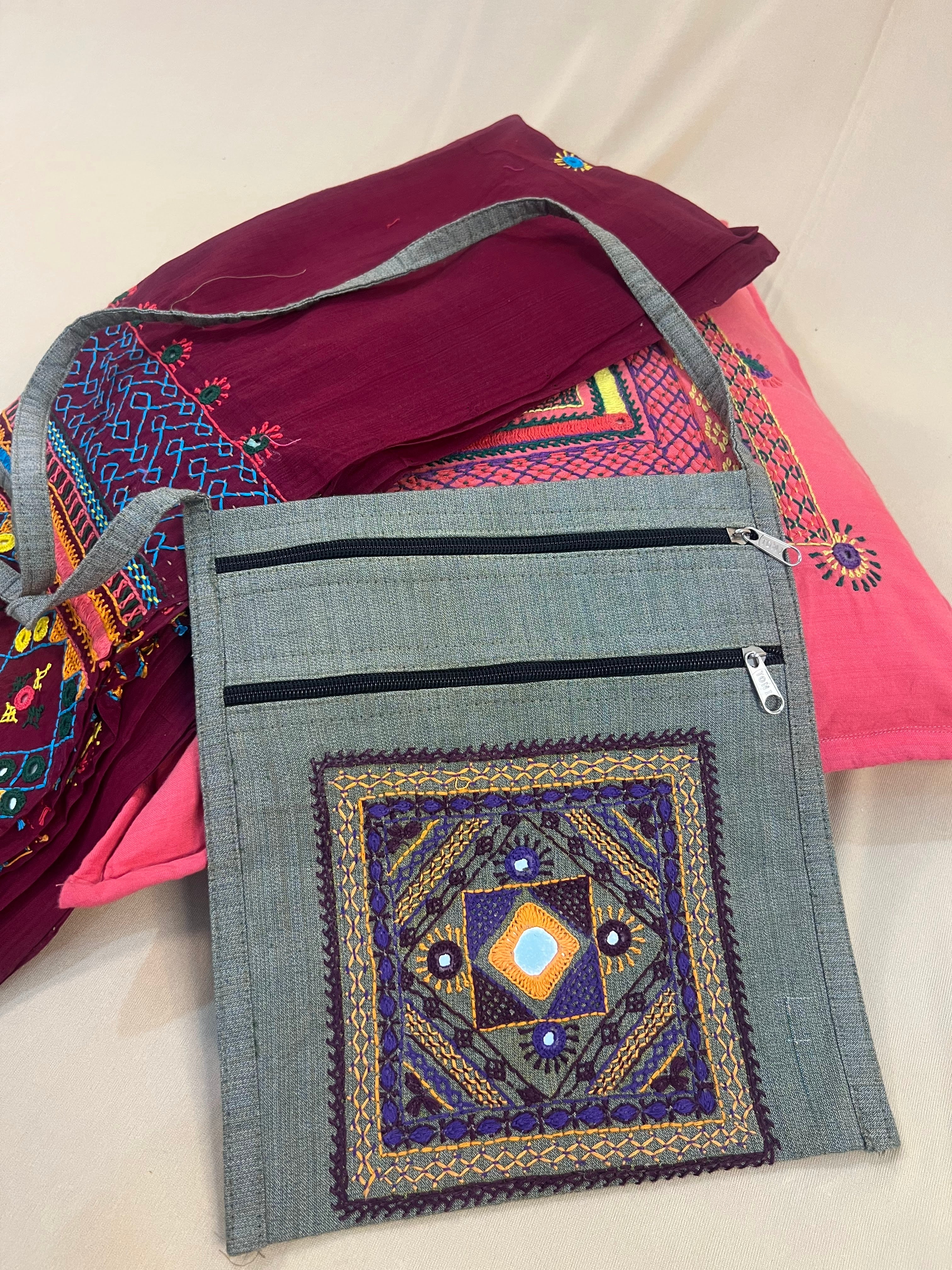 Grey Handloom Cotton Sling Bag with Traditional Lambani Embroidery