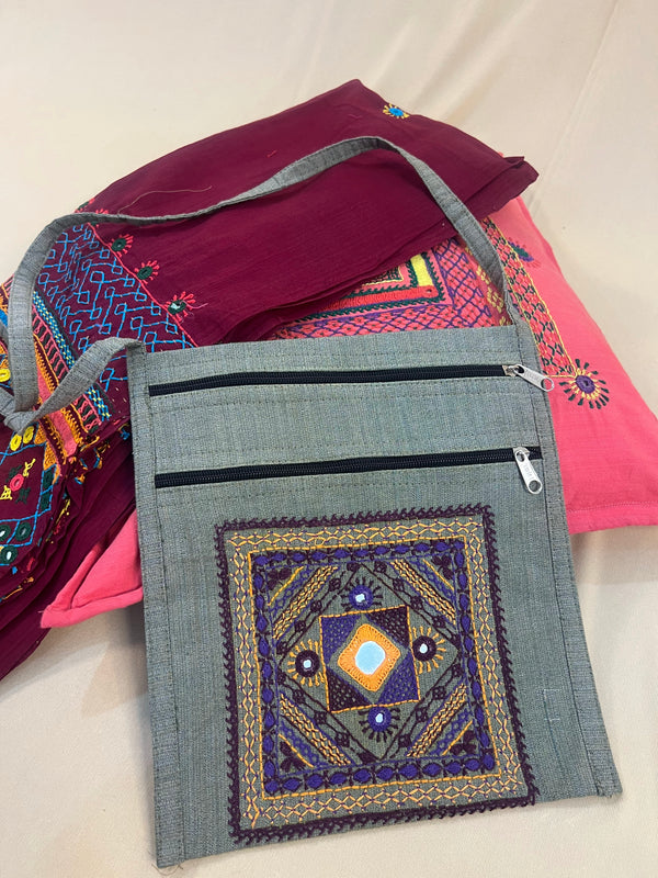 Grey Handloom Cotton Sling Bag with Traditional Lambani Embroidery