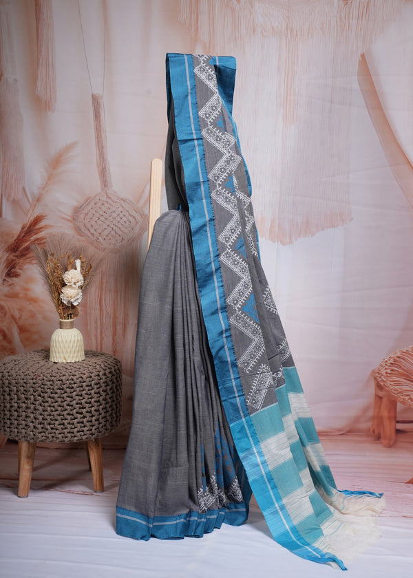 Grey & Blue Geometric Border Cotton Saree