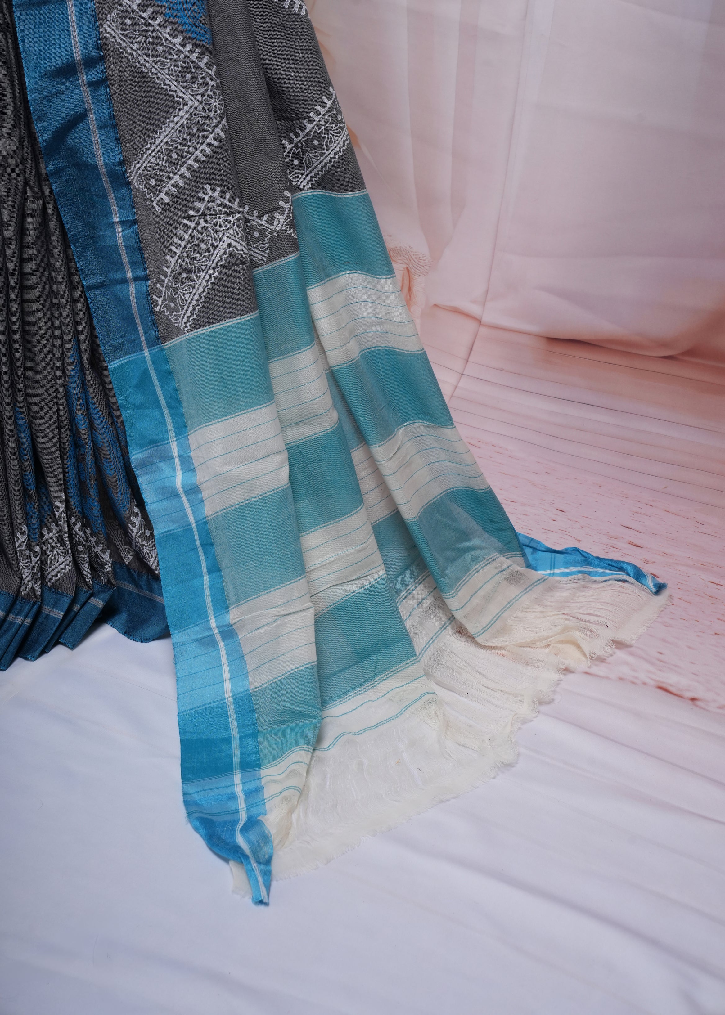 Grey & Blue Geometric Border Cotton Saree