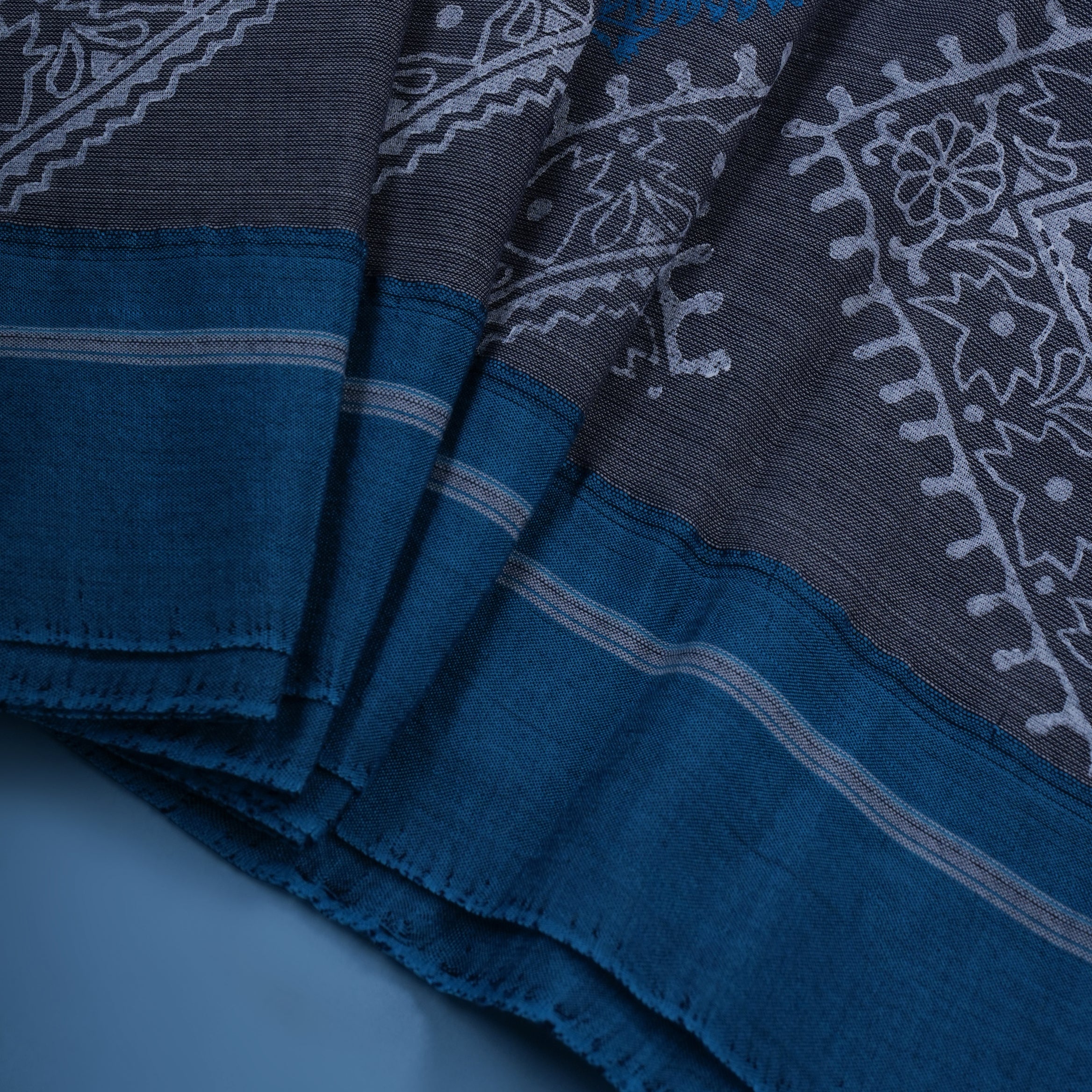 Grey & Blue Geometric Border Cotton Saree