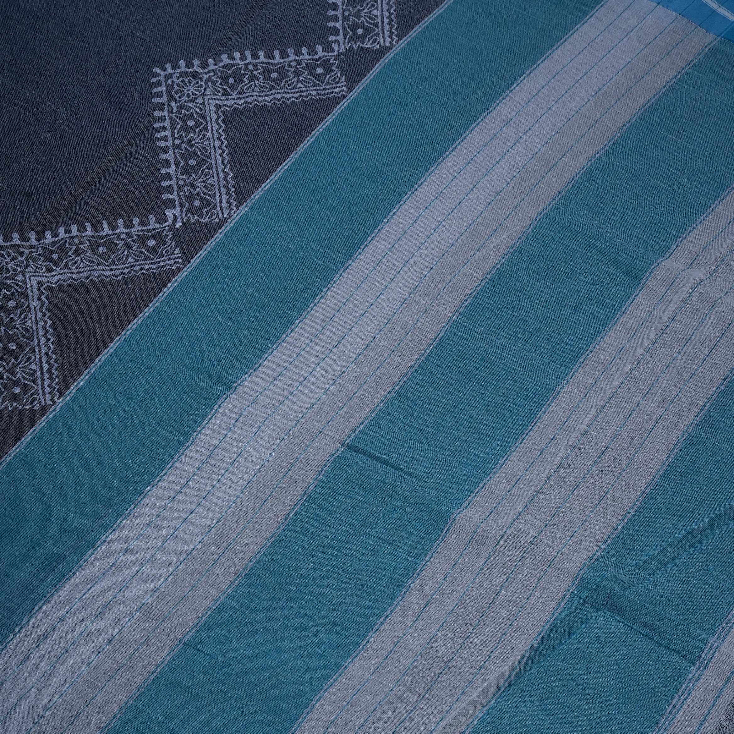 Grey & Blue Geometric Border Cotton Saree